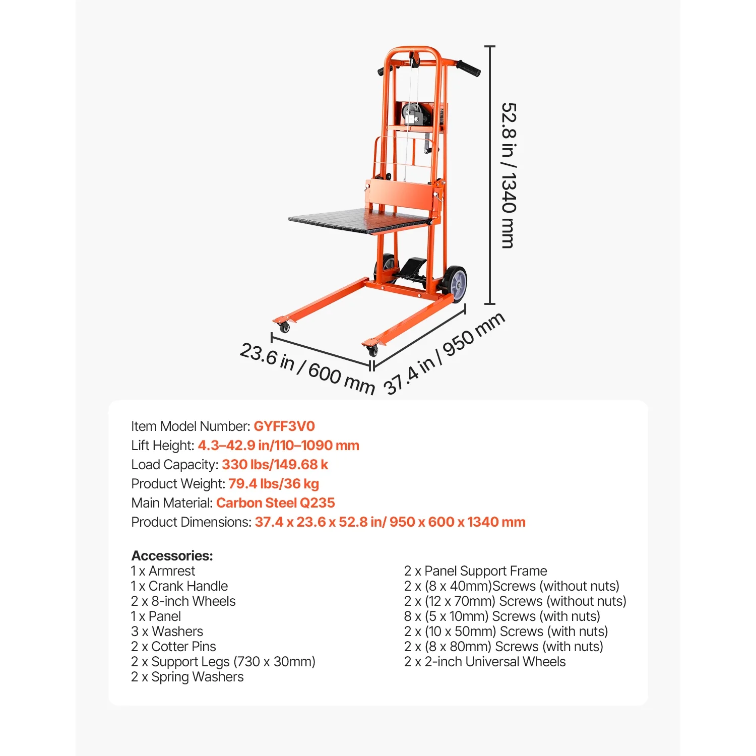 KFFKFF Manual Lift Stacker, Pallet Dolly with 330 lb Load Limit, Maximum Elevation of 42.9in, Winch Stacker, Versatile Pallet Truck Stacker Equipped with Rotating Wheels and Lifting Plate