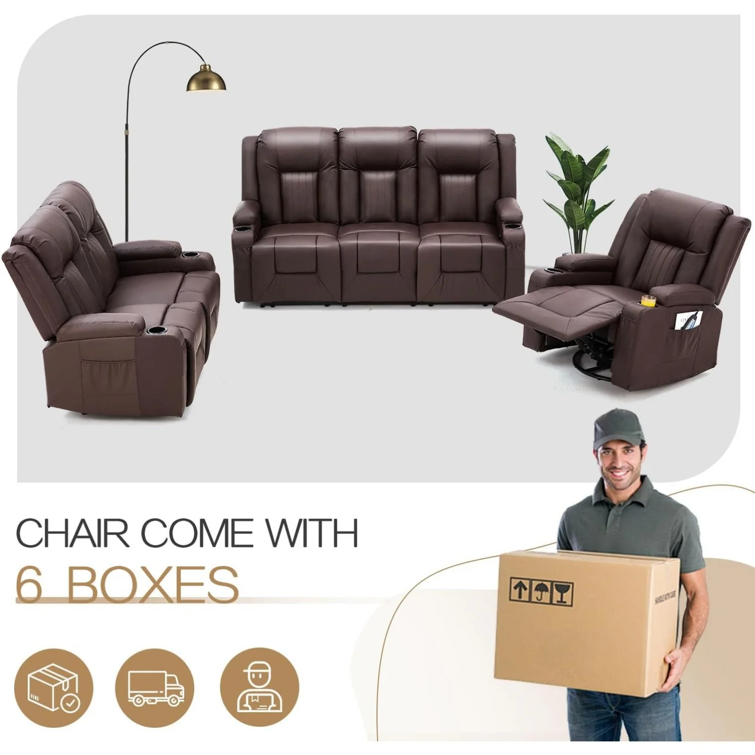 AECOJOY 3 PCS Leather Recliner Sofa Set with Swivel Massage Chair, Brown