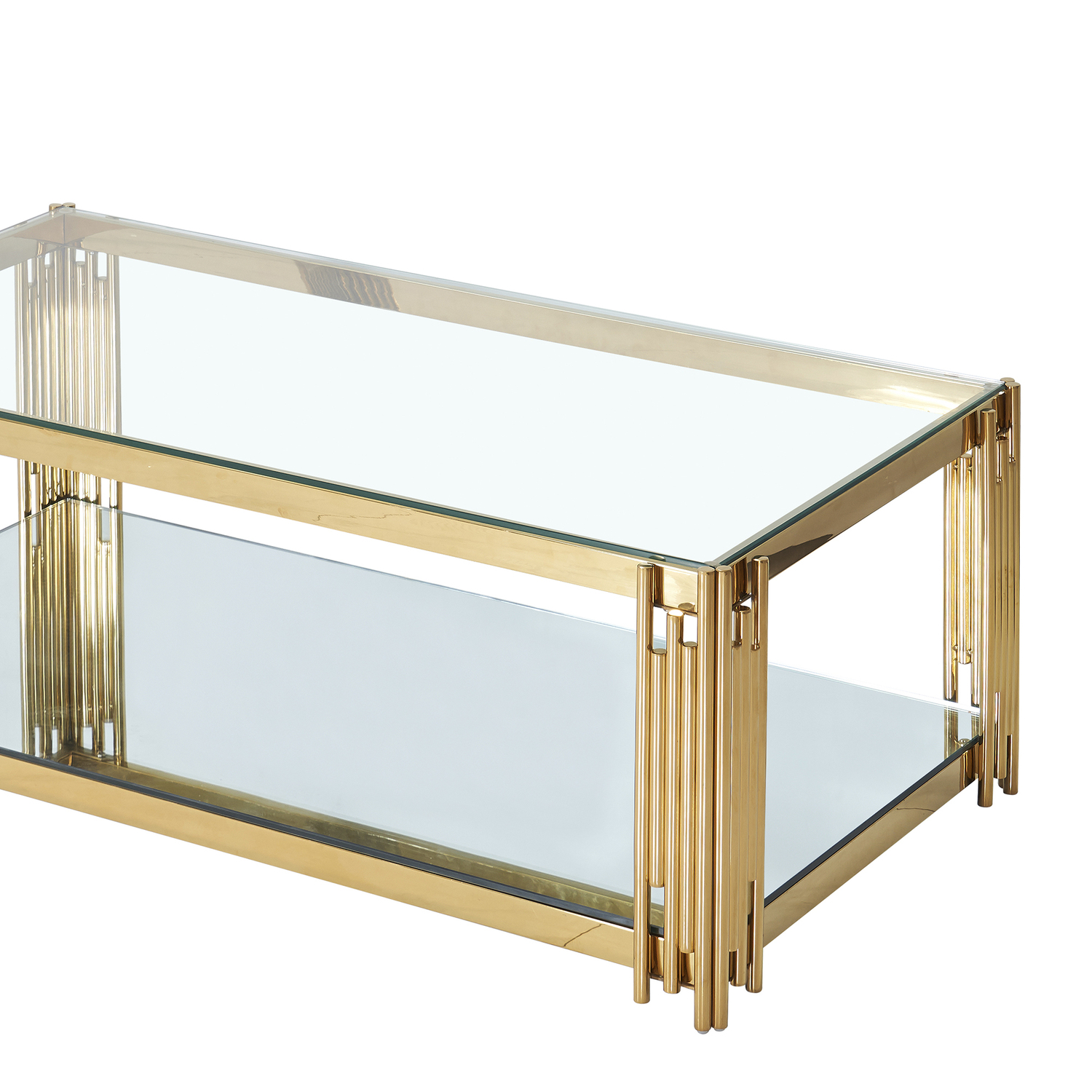Glass Top Contemporary Metal Coffee Table with Lower Shelf in Gold(Gold) - Image 6