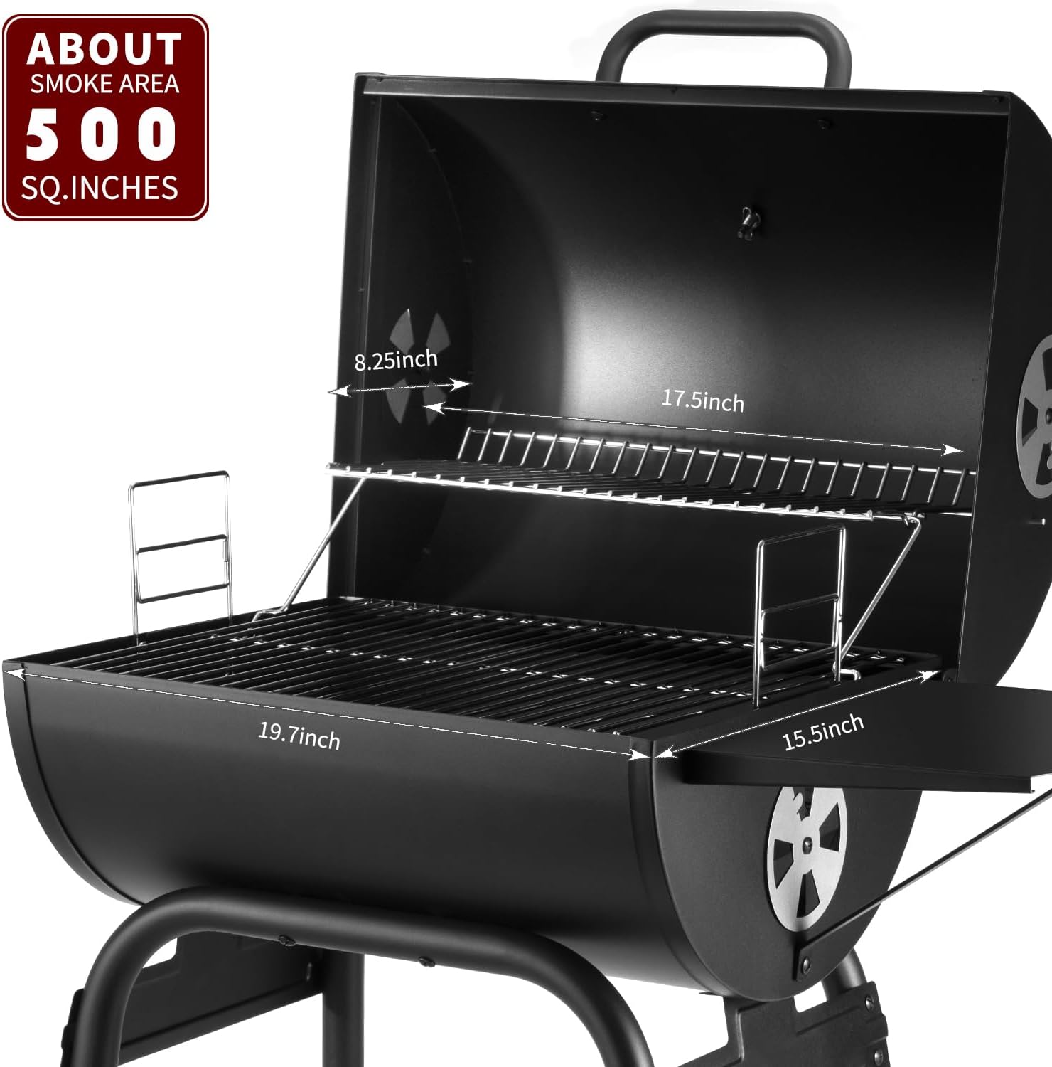 Charcoal Grill with Side Table, Barrel BBQ Grill with 500 Square Inches Cooking Area