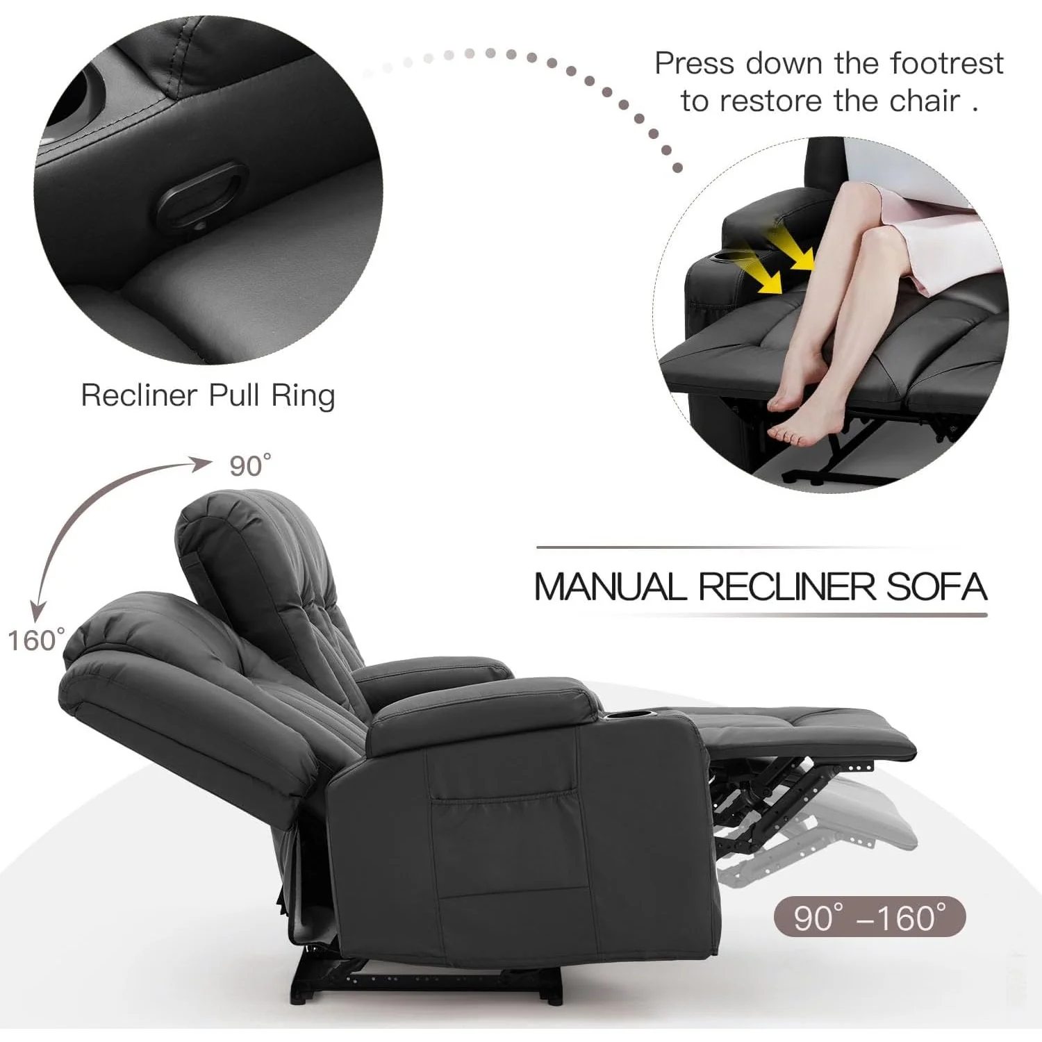 AECOJOY 3 Seater Reclining Sofa with 2 Cup Holders&Side Pockets, Black