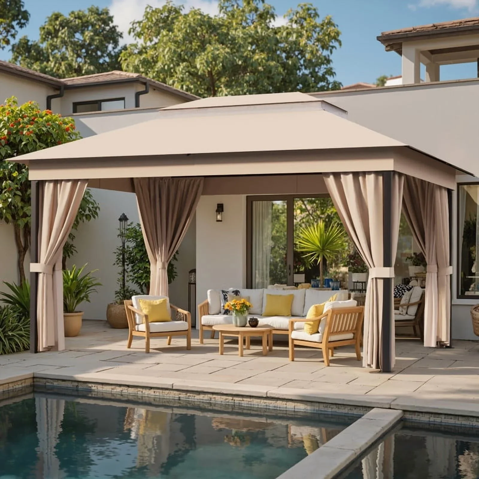 Devoko 10��13 ft Outdoor Pop Up Gazebo with Mosquito Netting��Double Roof Gazebo with Double Curtains for Backyard, Garden and Patio,Khaki