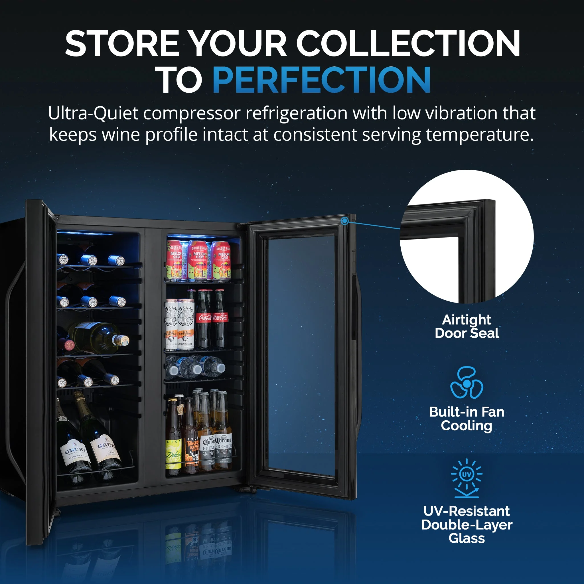 Newair 59-Can, 18-Bottle Freestanding Dual Zone Beverage Fridge - 27.4