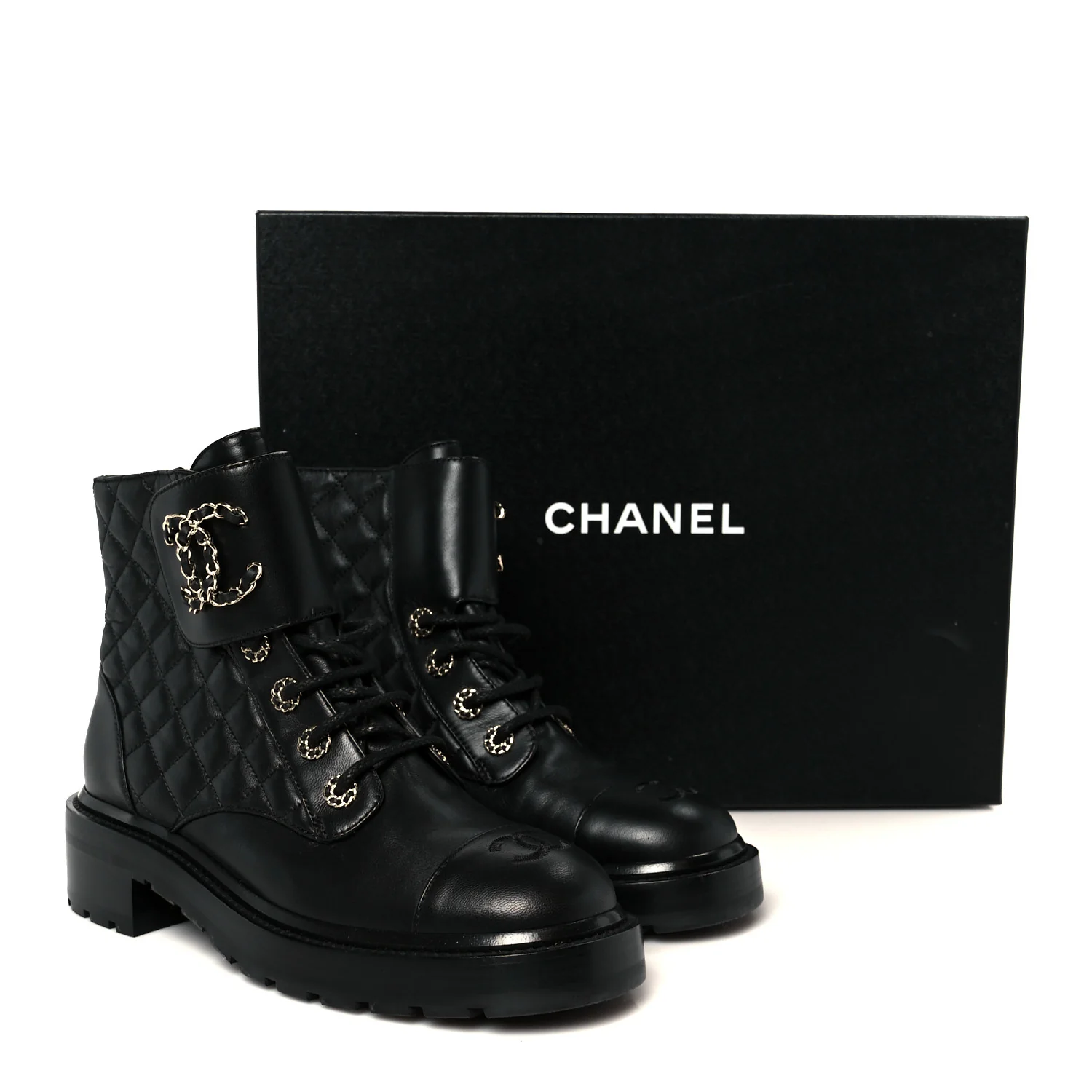 Shiny Lambskin Quilted Lace Up Combat Boots 39 Black