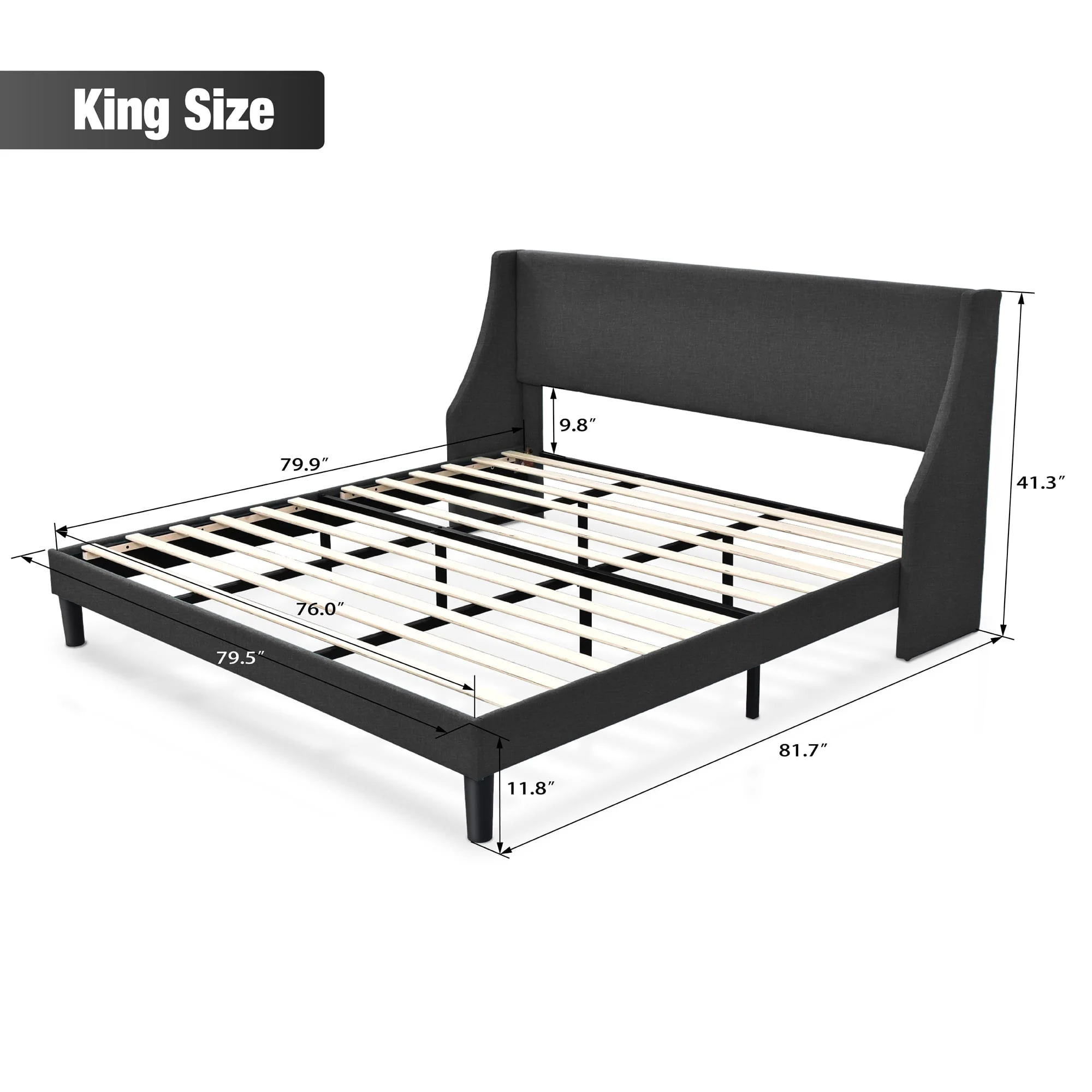 King Size Fabric Upholstered Platform Bed Frame with Wingback Headboard, Dark Grey(Full/Burnt Orange) - Image 9
