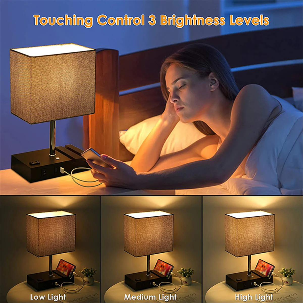 Touch Control Table Lamp with 2 USB Charging Ports, 1 AC Outlets and 2 Phone Stands, Modern USB Desk Lamp with Black Wooden Base and Grey Shade Suitable for Bedroom, Living Room Image 4
