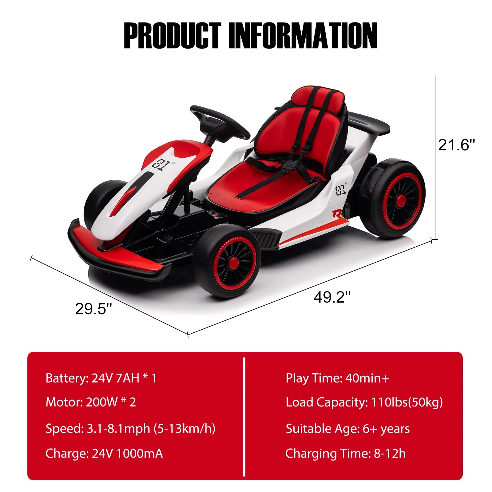 24V Drift Kart with 2X150W Strong Motor, 7AH Big Battery, Electric Pedals, Electric Go Kart Outdoor Race Toy