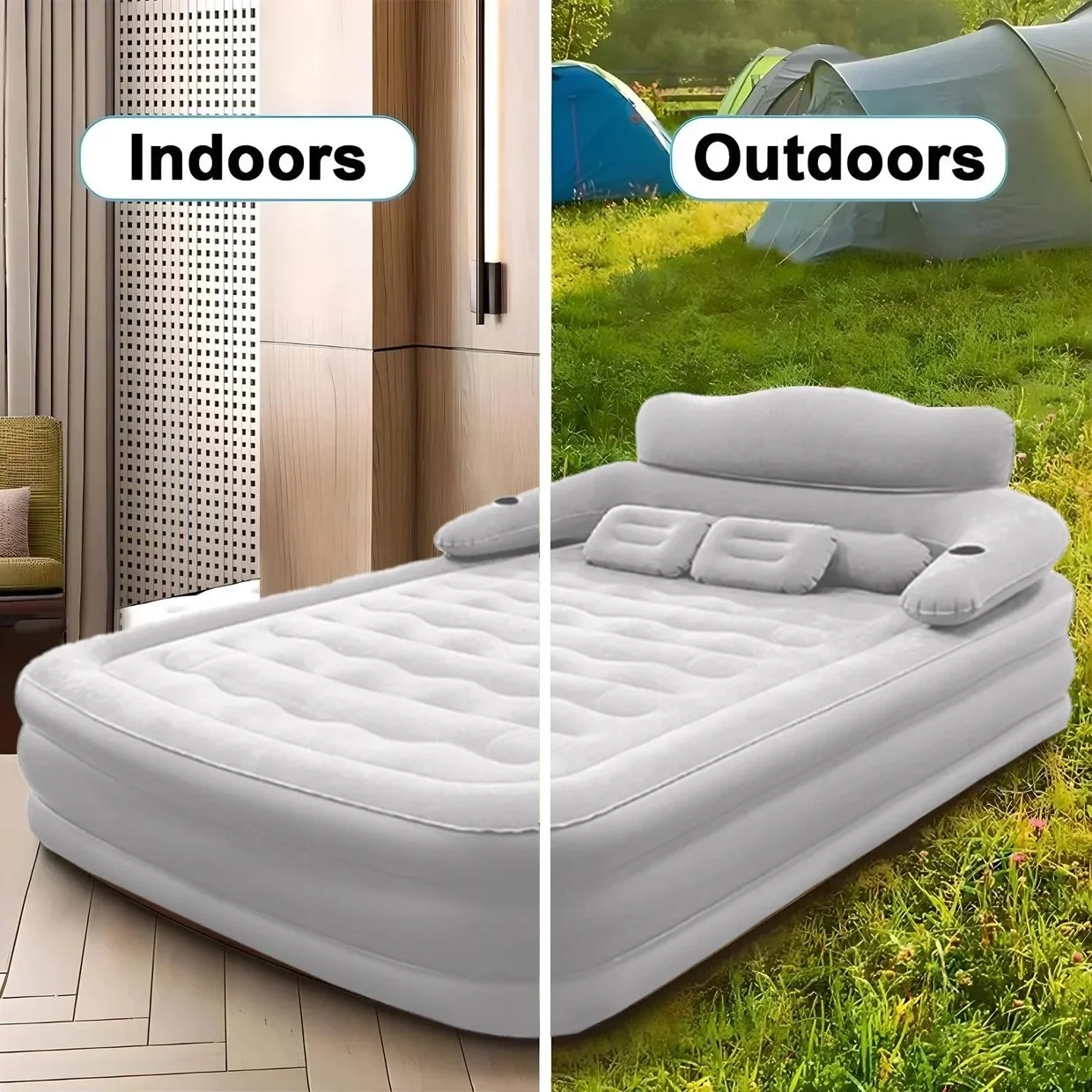 Queen Air Mattress with Backrest �C 18.9" Thick Inflatable Bed, Built-in Pump Night Light, Waterproof Flocked Top, 800lb Load-Bearing capacity (Light Grey)(Light Grey) - Image 9