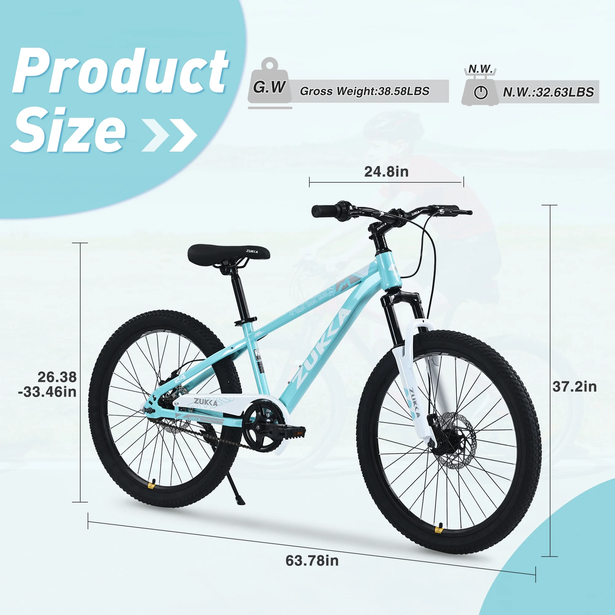 24 Inch Mountain Bike, Kids Mountain Bicycle with Front Suspension Fork and Double Disc Brake, Steel Frame Kids MTB Bike for Boys and Girls Age 9-12 Years, Cyan(Cyan) - Image 6