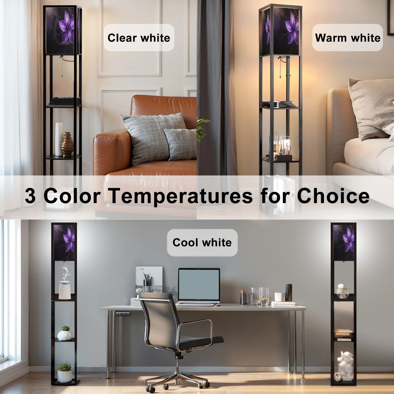 Floor Lamp with Shelves Corner Display Bookshelf Lamp for Living Room and Bedroom Purple Purple Wall Decor Purple Flower LED Modern Shelf Floor Lamp 3 Color Temperature(Color-1) - Image 4