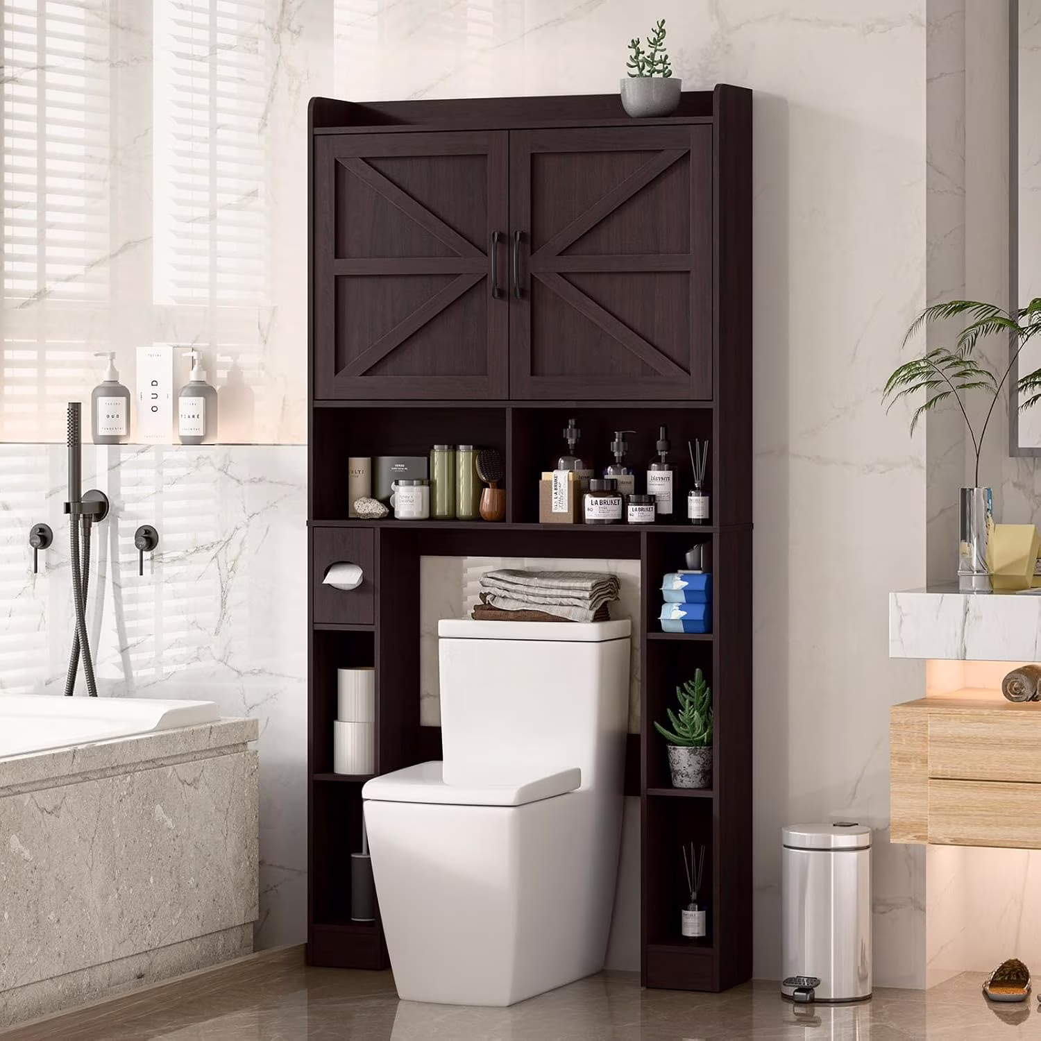 Over The Toilet Storage Cabinet with Toilet Paper Holder Stand, Above Toilet with Adjustable Shelf 2 Doors(Unique White) - Image 5