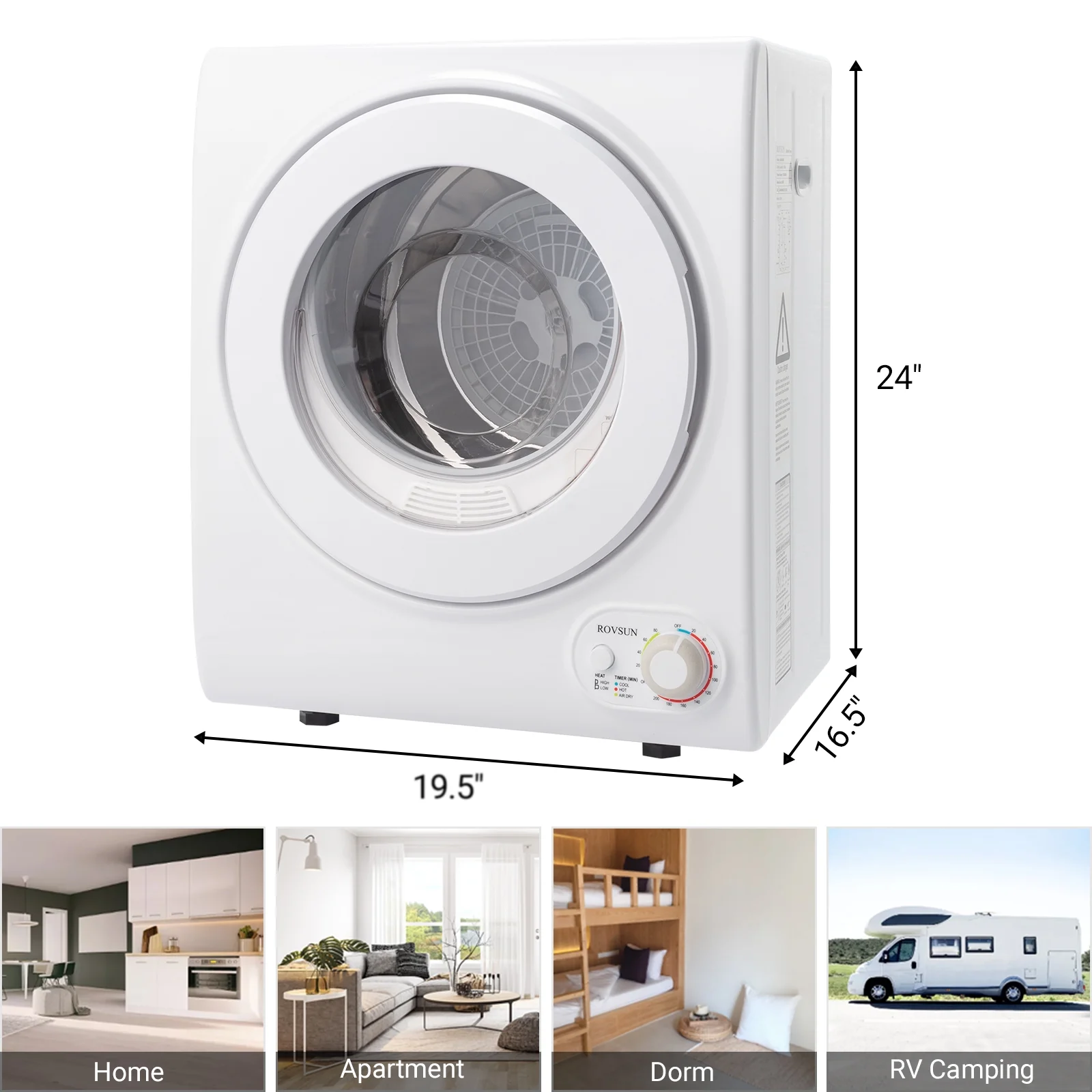 RovSun 110V White Stainless Steel Electric Tumble Dryer(Classic Knob Control)