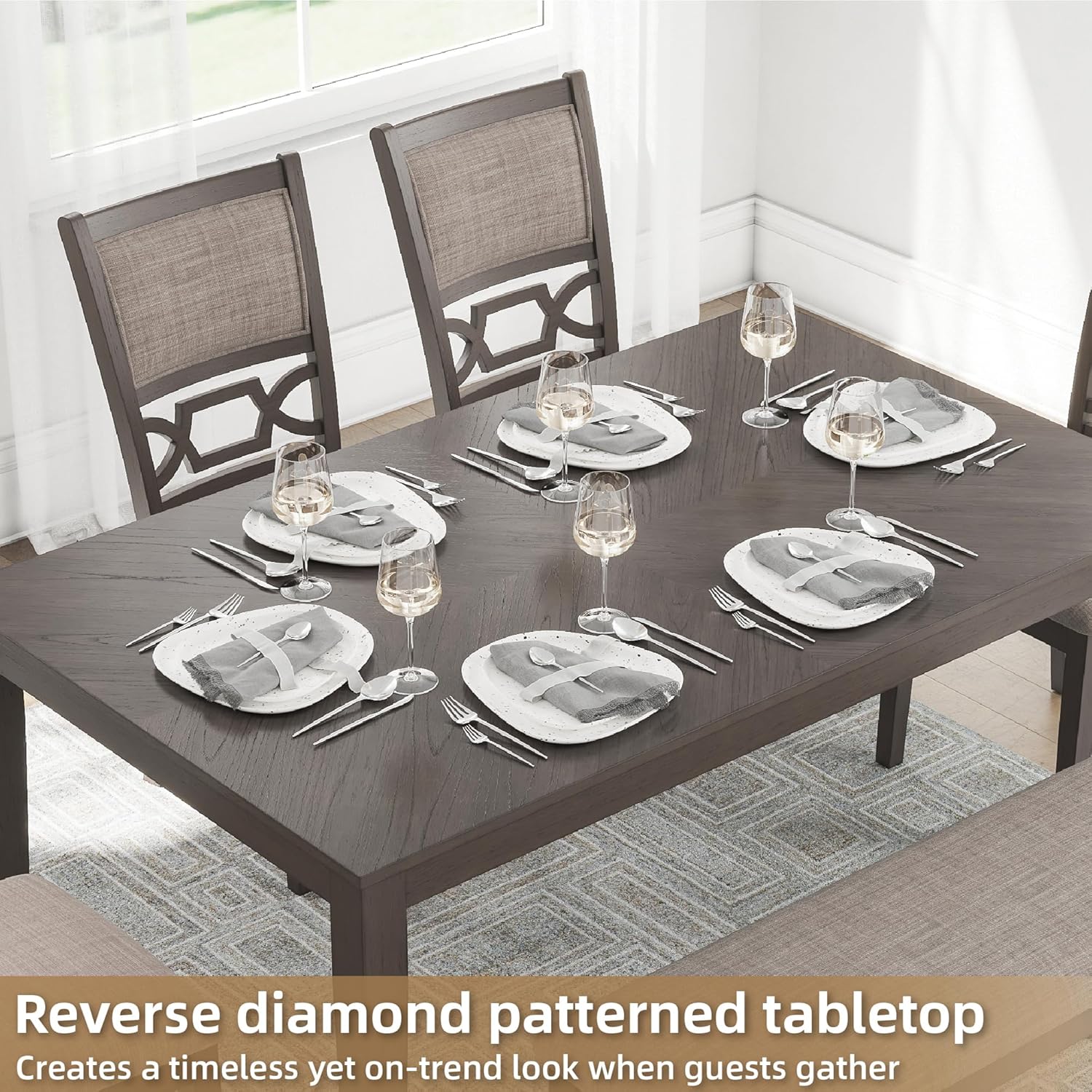 Signature Design by Ashley Wrenning Diamond Patterned Dining Table Set, 4 Upholstered Chairs and Bench, Seats 6, Wood, Gray