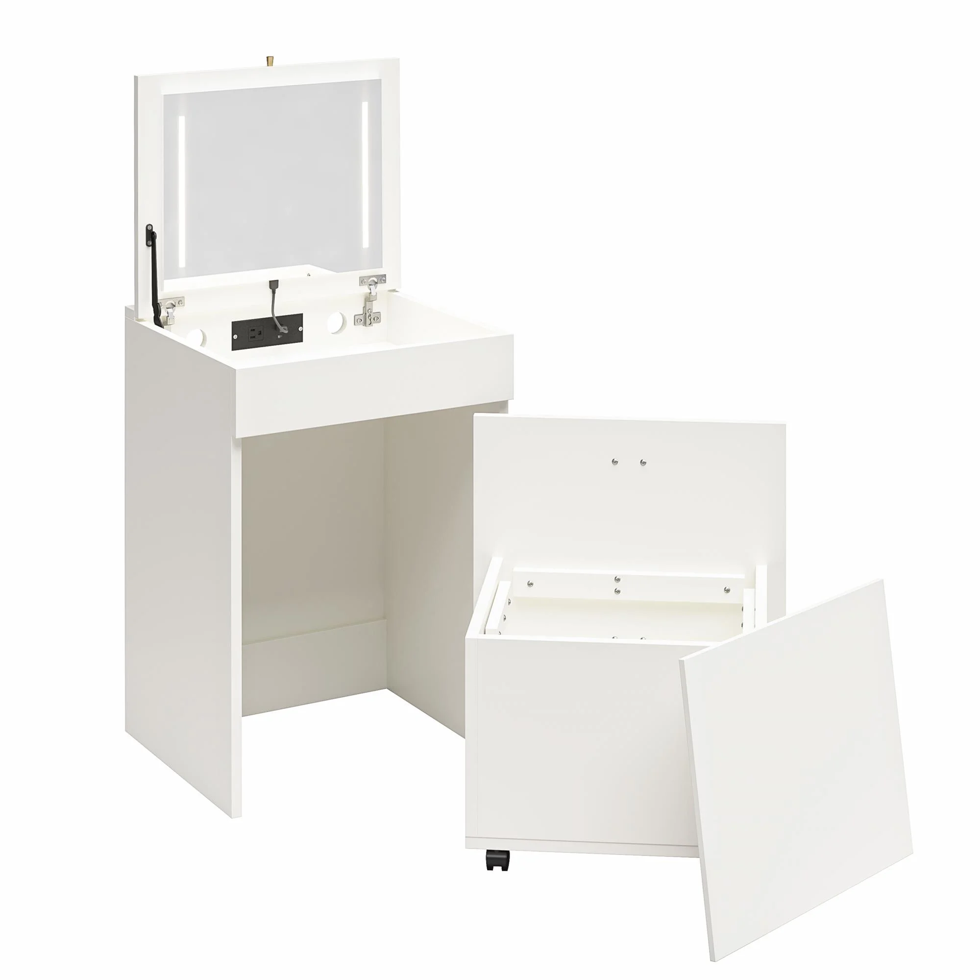 Compact 3-in-1 Vanity Set, Makeup Storage Desk Stool, Mirror w/ LED lights USB Charging Station, White - Image 10