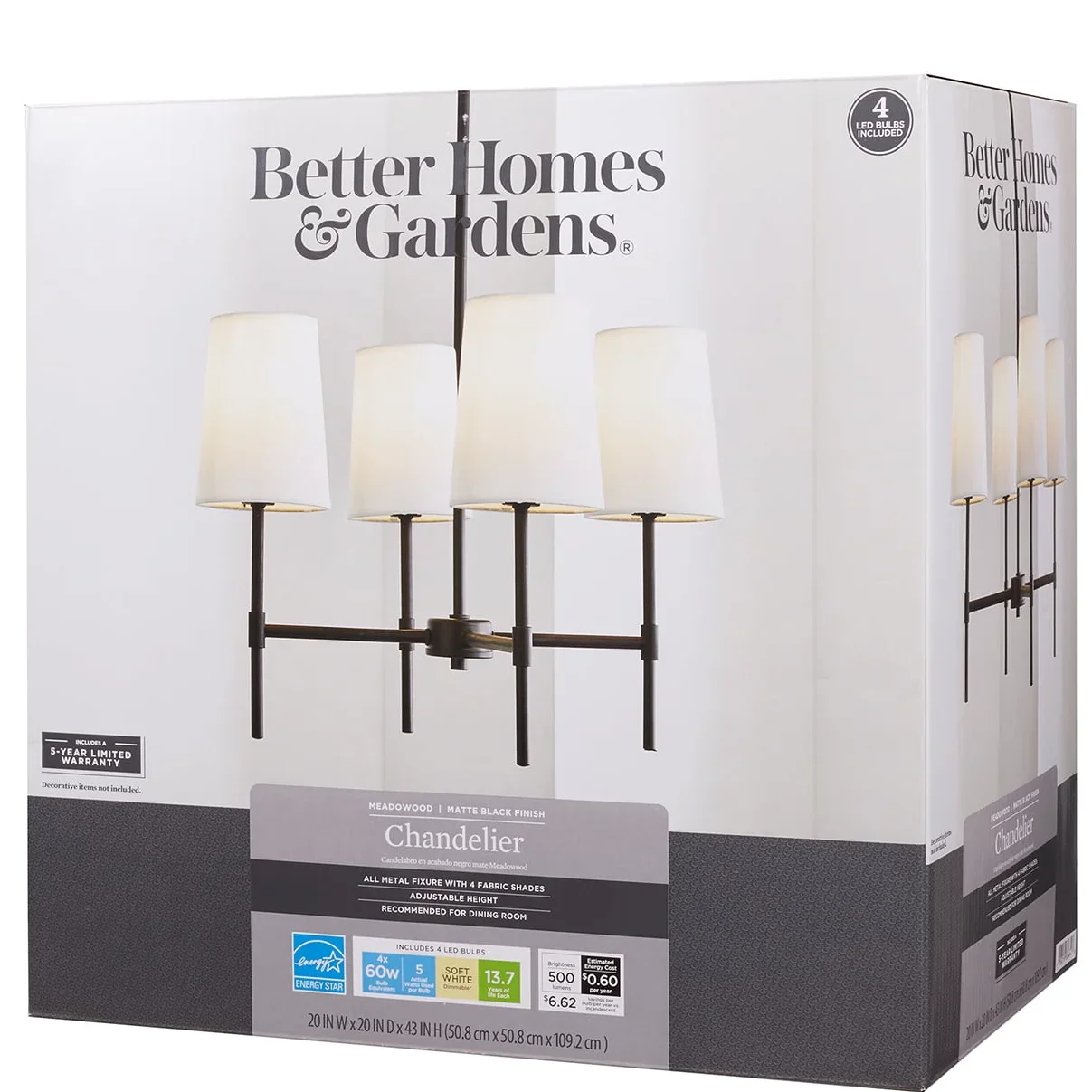 Better Homes & Gardens Meadowood 4-Light Chandelier, Matte Black Finish, White Fabric Shades, LED Bulbs Included