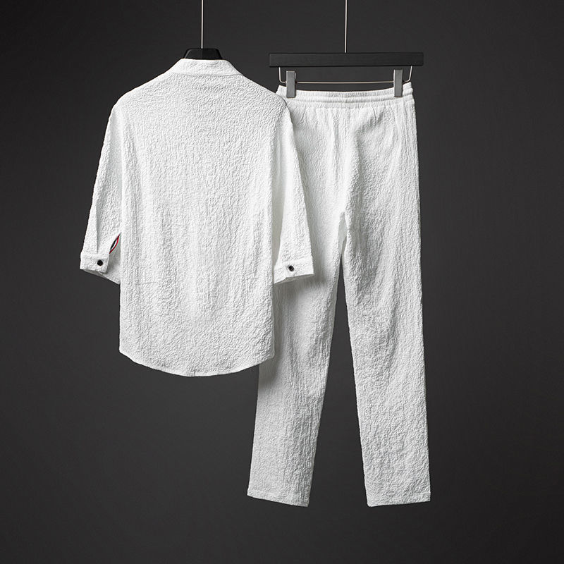 Ensemble deux pièces pour homme en lin et soie glacée blanche