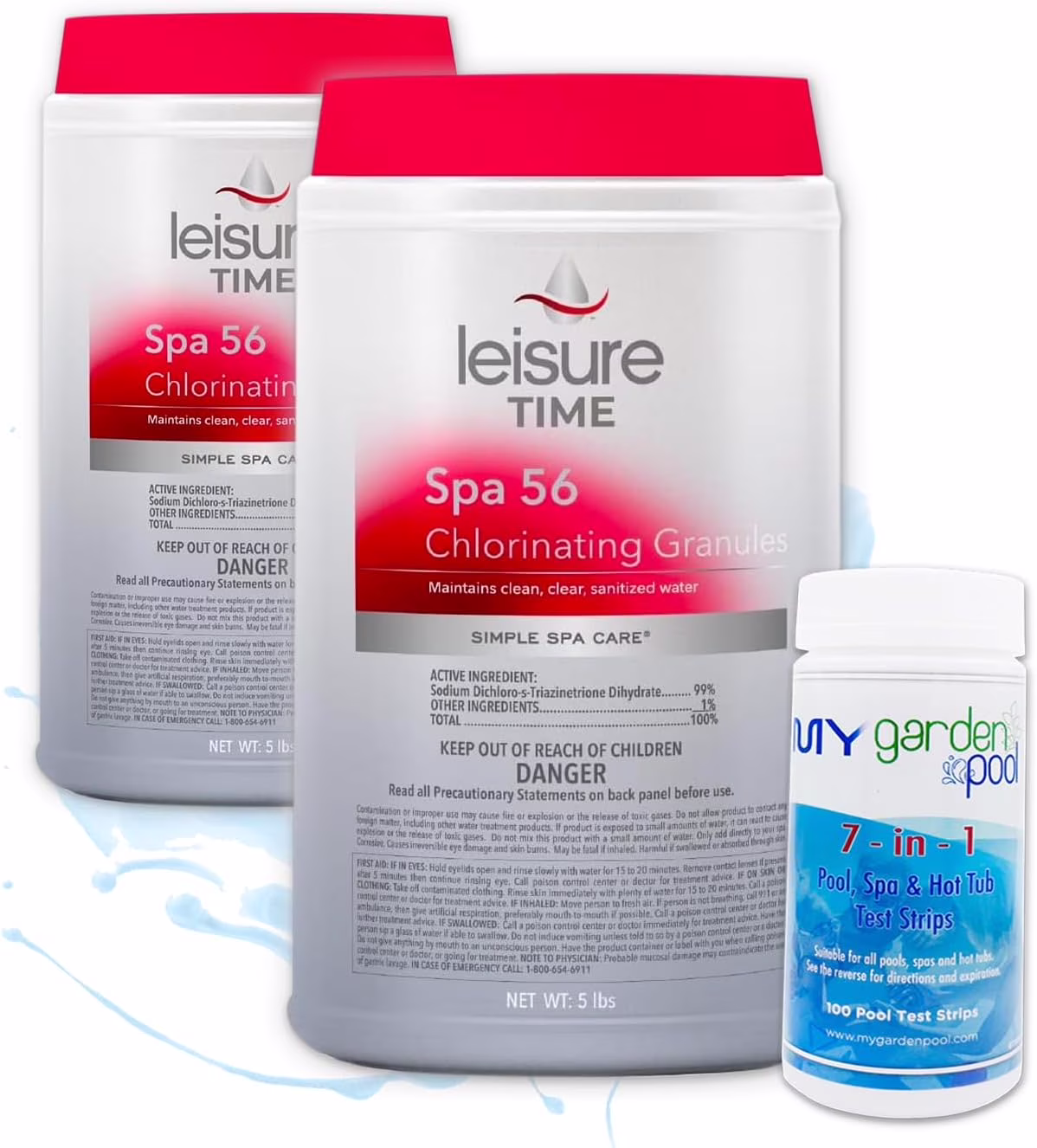 Leisure Time E5 Spa 56 Chlorinating Granules for Spas and Hot Tubs, 5-Pounds with My Garden Pool 20 Ct. Test Strips - 2 Pack