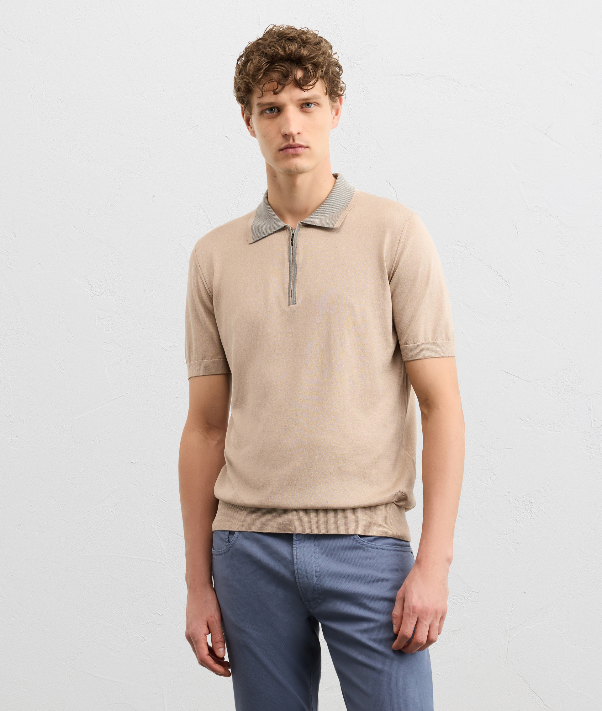 LIGHT BROWN SILK AND COTTON SHORT SLEEVED KNITTED POLO SHIRT