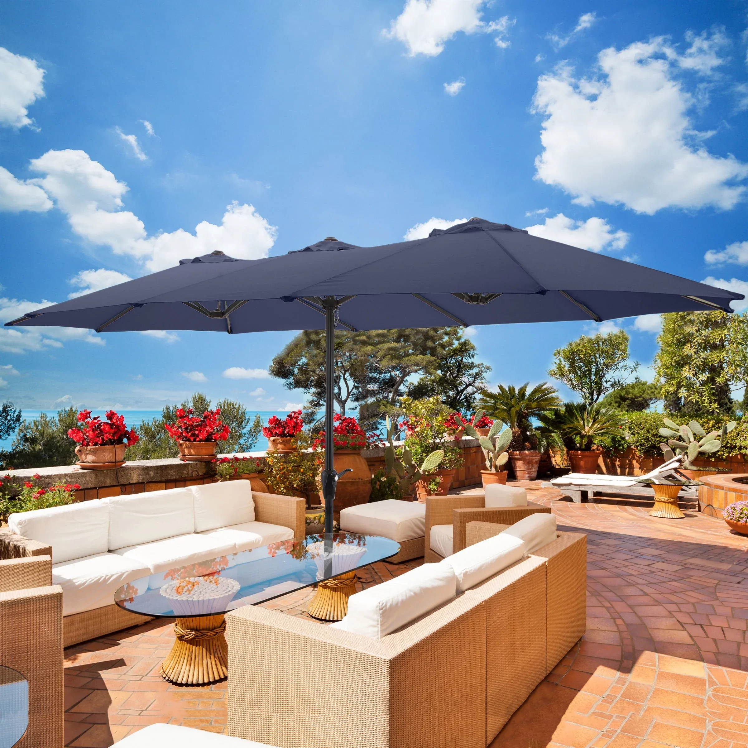 Pure Garden 15 Ft Double Patio Umbrella �?XL Sunshade with Hand Crank, Beige