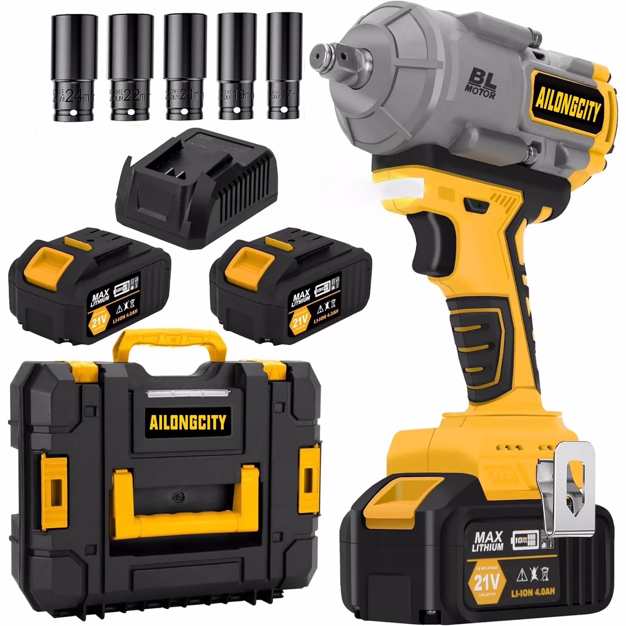 1000N.m(740ft-lbs) Cordless Impact Wrench, 1/2 Inch High Torque Brushless 21V Impact Gun w/ 2 x 4.0Ah Battery & Fast Charger & 5 Sockets, Pistola De Impacto for Home Car Tires Truck Mower