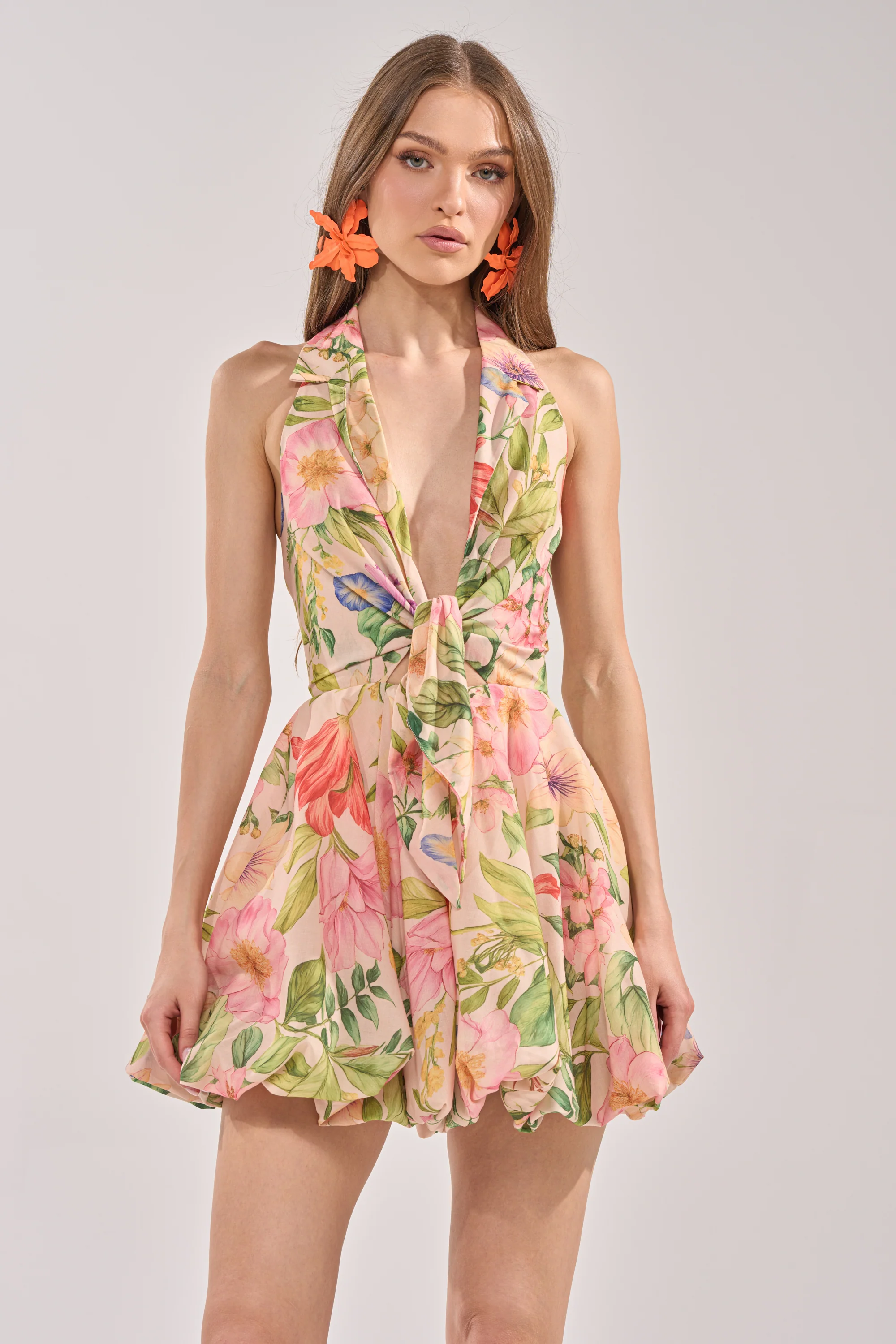SOFT LAUNCH FLORAL MINI DRESS IN BEIGE - Akira Store