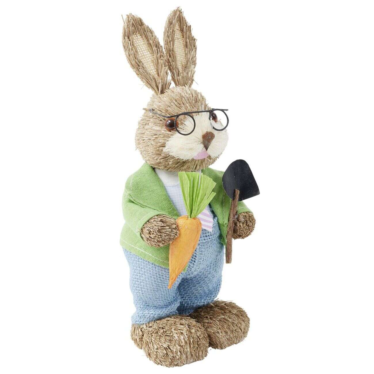 Décoration à poser lapin fermier en paille avec accessoires H32cm (2 modèles)
