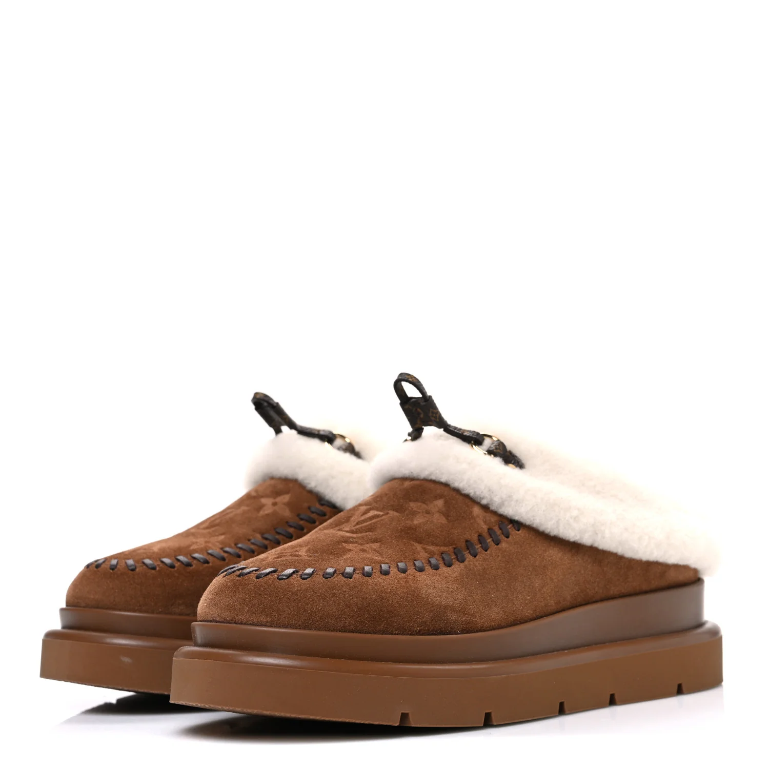 Suede Calfskin Shearling Monogram Debossed Cortina Closed Mule 38 Light Beige
