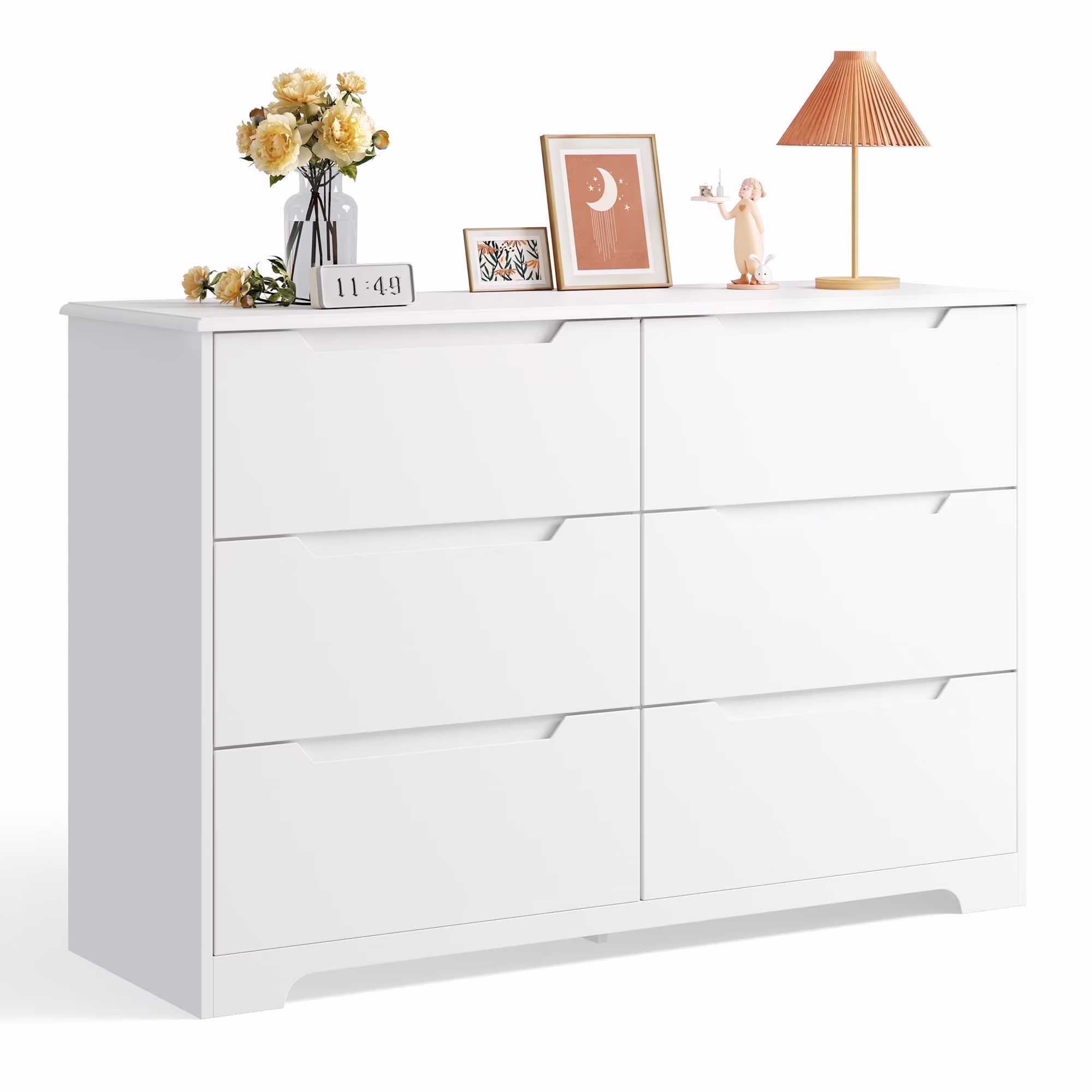 Dresser for Bedroom, Lofka 6 Drawer Double Dresser with Cutout Handles, Large Storage Capacity, Anti - Tip Safety, Modern Wood Chest of Drawers, Smooth Metal Rail, White