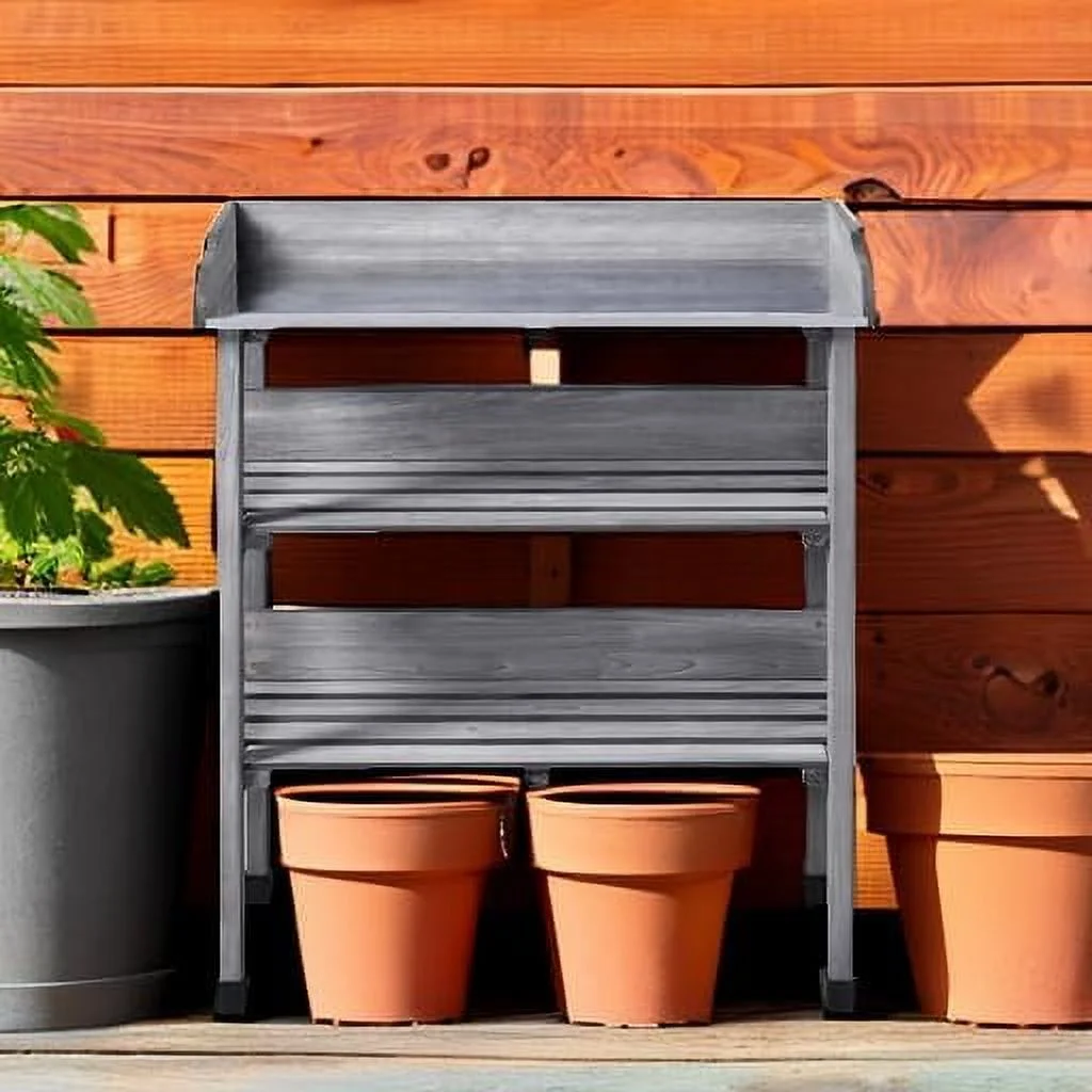 Garden Potting Table Horticulture Potting Bench w/Storage Shelf W/Metal Tabletop w/Hook 3 Shelves Workstation Work Benches Station, Gray - Image 5
