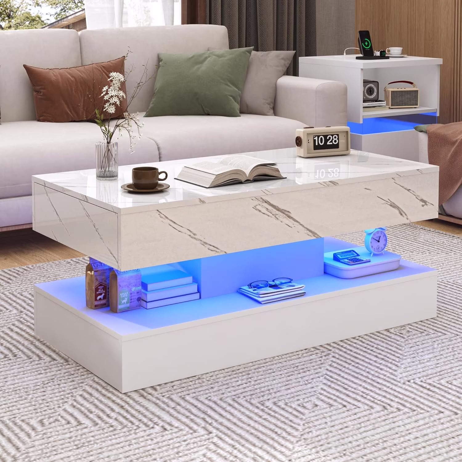 Large Black LED Coffee Table with 2 Storage Drawers, Modern High Gloss Coffee Table w/20 Colors LED Lights/APP Control, 2 Tiers Rectangle Large Living Room Furniture w/Marbling Print(47.3")(Black Marbling Print) - Image 9