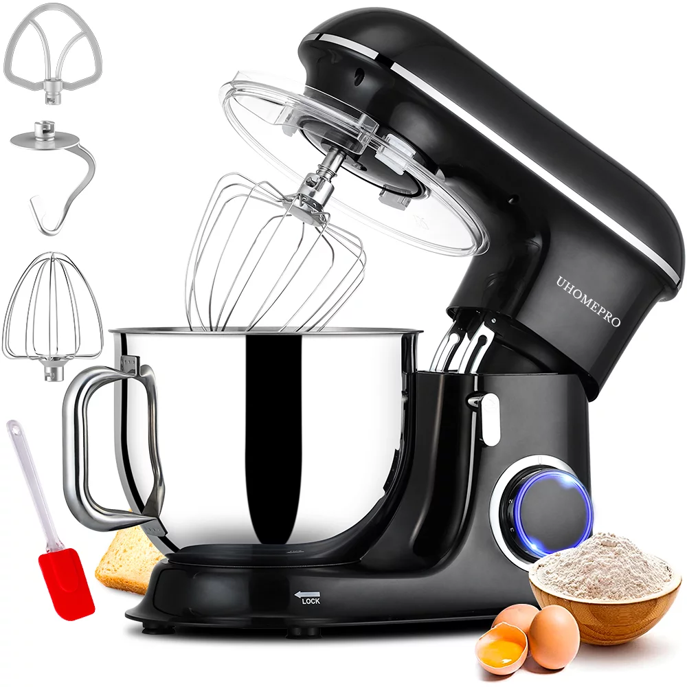 Robot pâtissier uhomepro 7,5 L, 6 vitesses + 0 + P, tête inclinable, 660 W, idéal pour la cuisine professionnelle. Comprend un crochet pétrisseur, un batteur, un fouet à œufs et une spatule. Compatible lave-vaisselle.