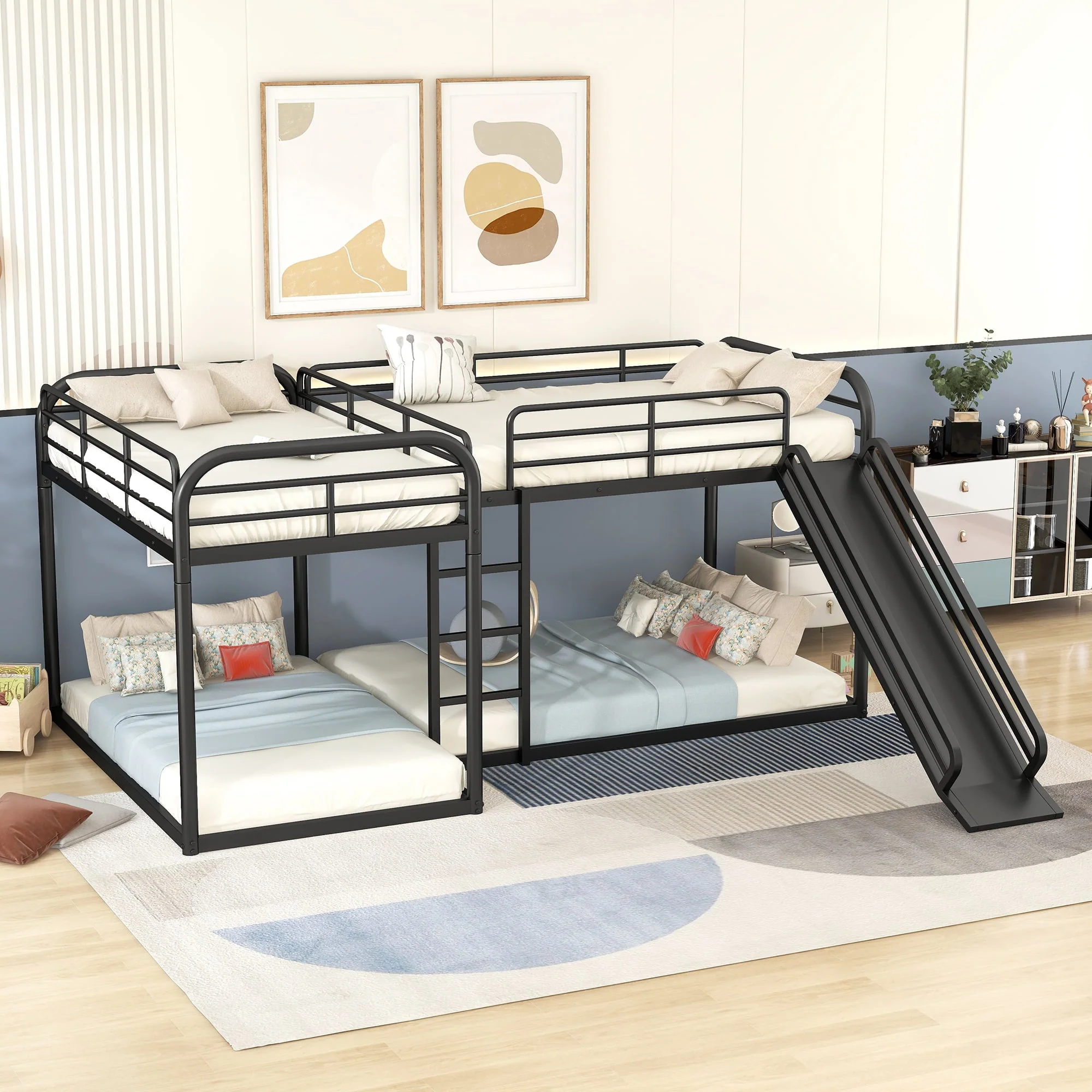 Full and Twin Size L Shaped Quadruple Metal Bunk Bed with Slide for Kids, Black Image 2