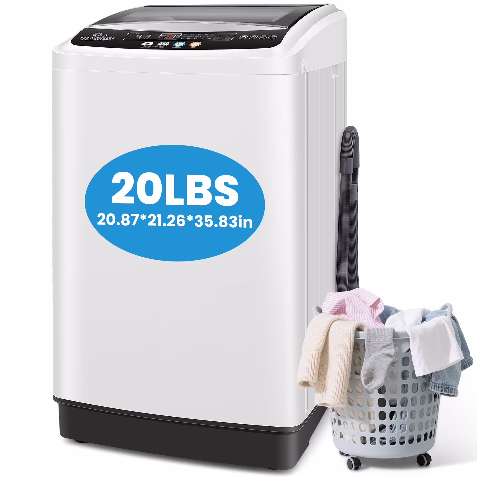 20lbs Fully Automatic Washing Machine, Washer Machine with 10 Wash Programs/8 Water Levels, Portable Washing Machine with LED Display 1 Adjustable feet, White(20LBS-White)