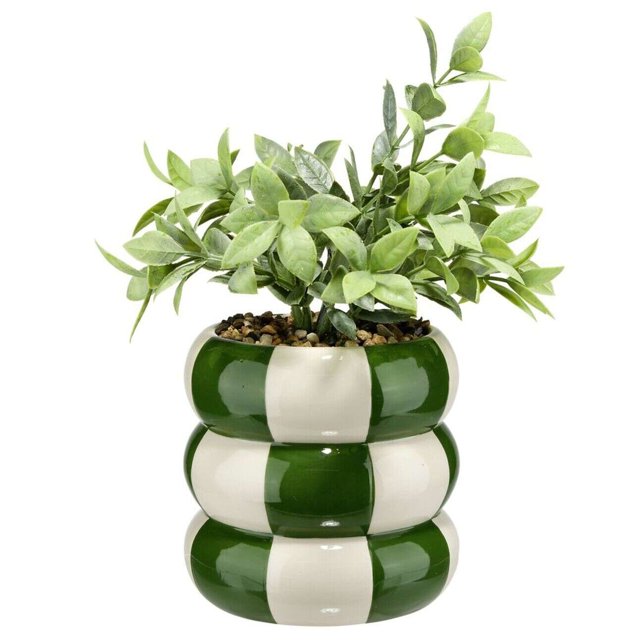 Plante grasse artificielle pot rond céramique damier vert et blanc Ø12xH28cm