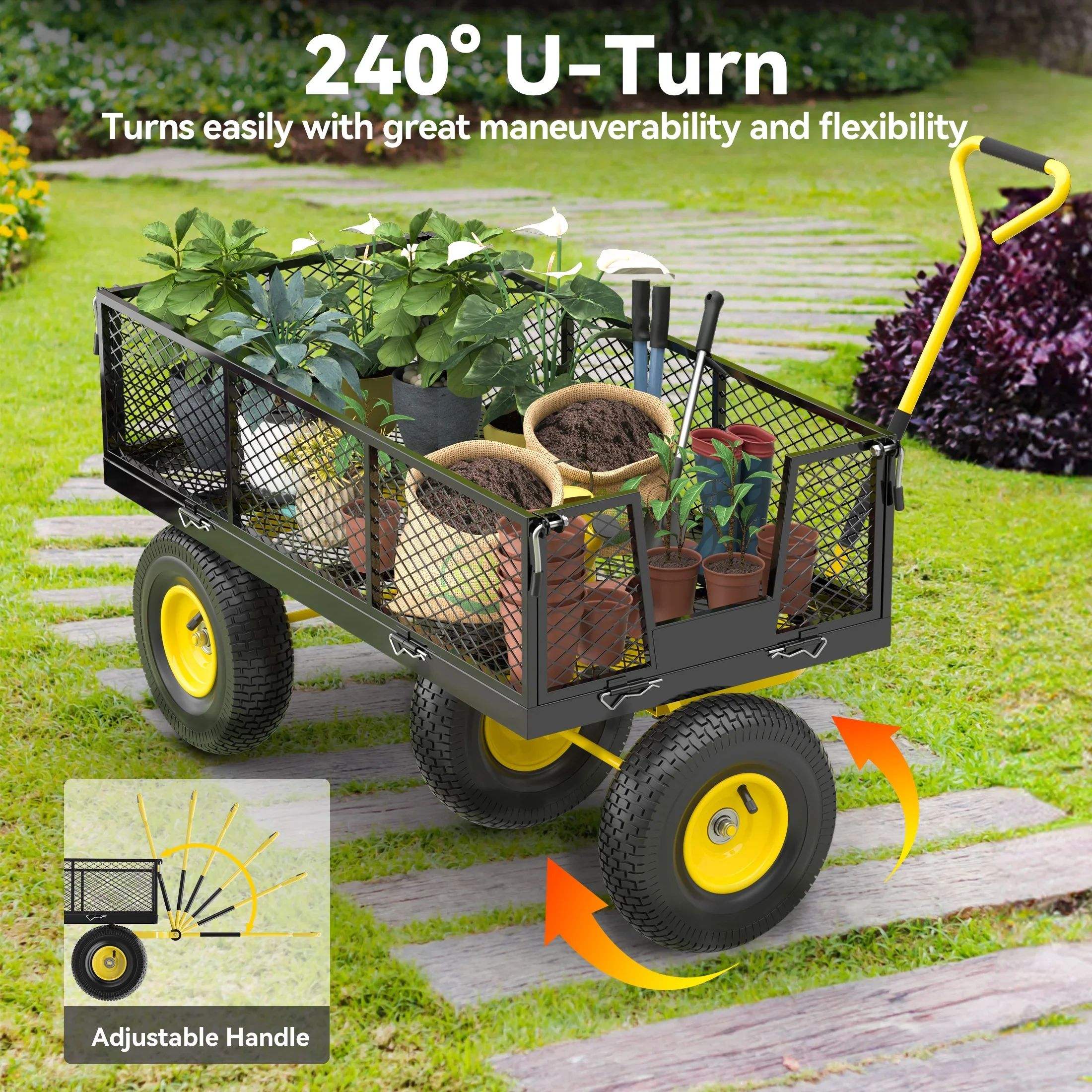 Firstness Heavy Duty Garden Cart, 900 lbs Capacity Garden Wagon with Removable Sides, Black