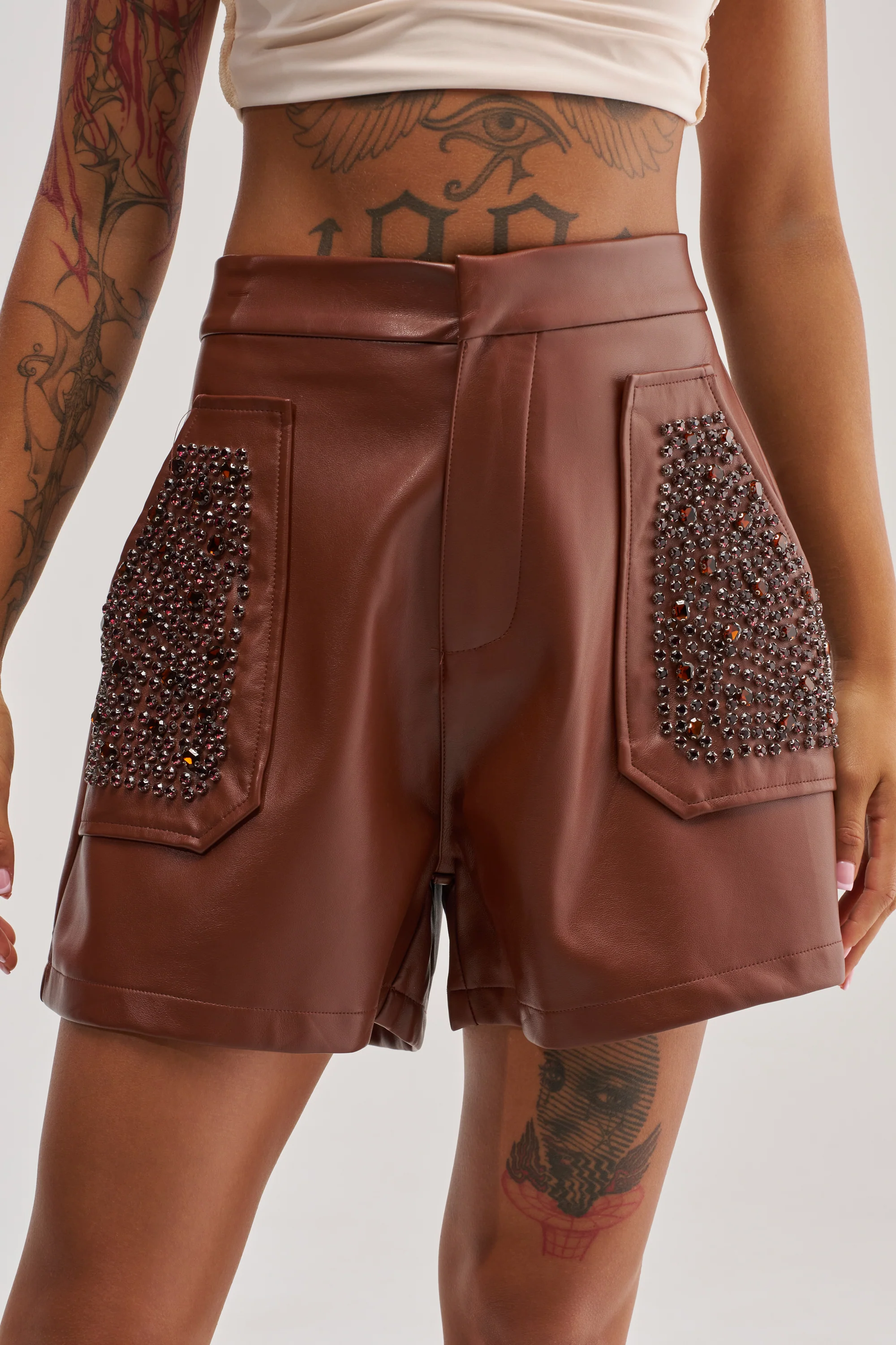 HOW ABOUT THIS FAUX LEATHER RHINESTONE SHORT - Akira Store
