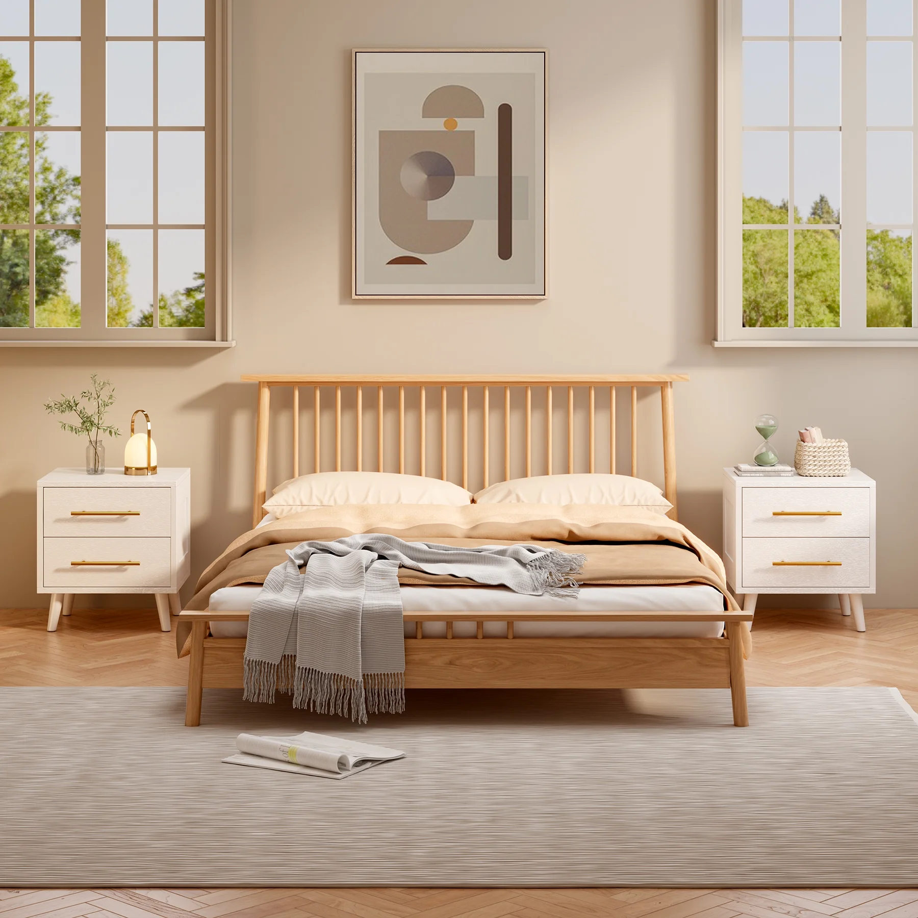 Bedroom Furniture Set Includes Queen Bed Frame, Nightstands Set of 2, 5-Drawer Dresser Vanity Desk Modern Storage Solution for Stylish Home Decor, Beige/White - Image 2