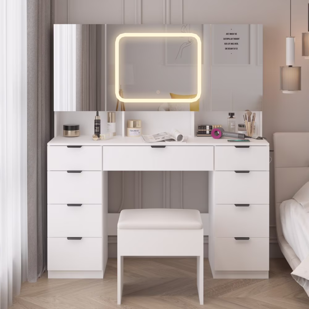 Vanity Desk Set with Large LED Lighted Mirror Power Outlet, Makeup Dressing Table with 9 Drawers and 3 Cabinets in Mirrored Doors, 47" Vanity Table with Cushioned Stool for Bedroom, Black(Black) - Image 3