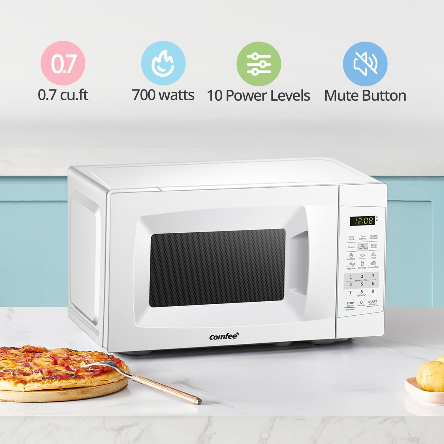 COMFEE' Countertop Microwave Oven, 0.7 Cu.Ft, 700W, Pearl White, ECO Mode