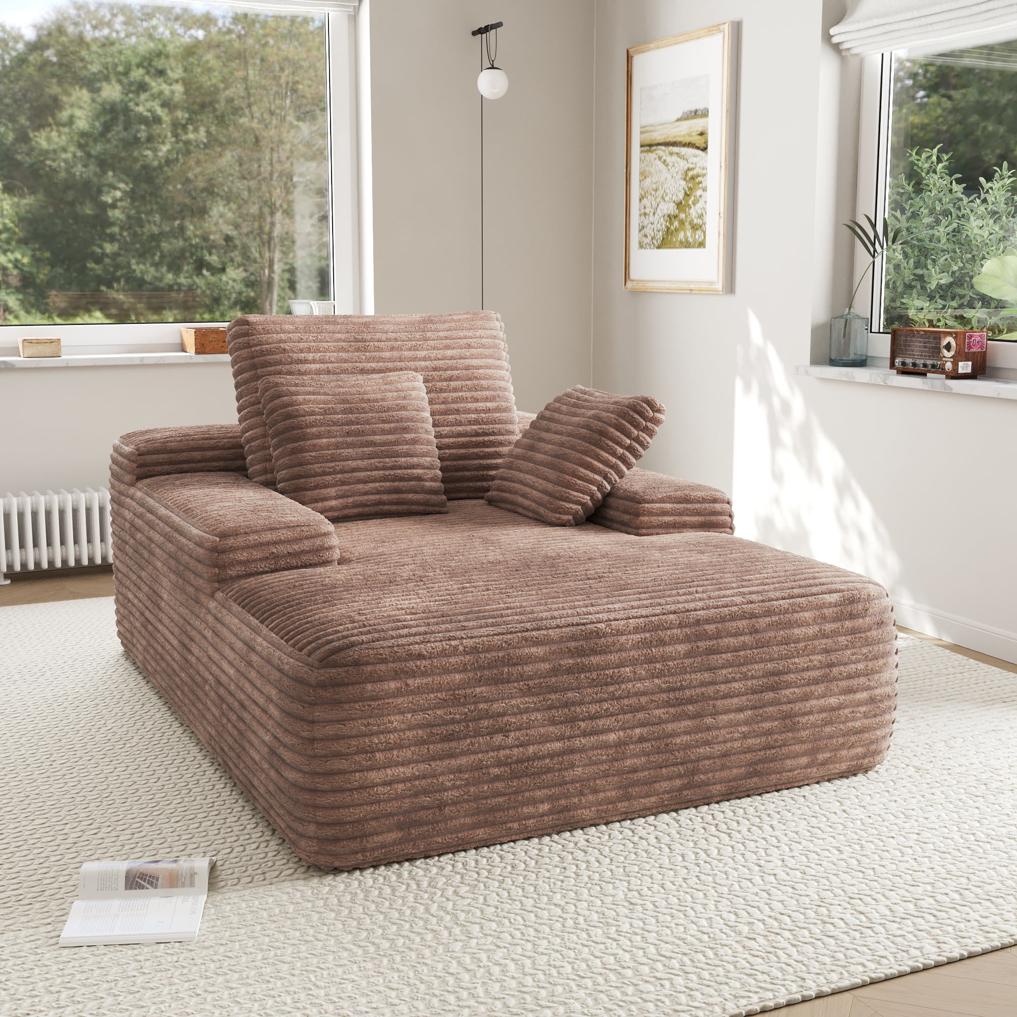 Oversized Chaise Lounge Chair Indoor,Upholstered Sofa Bed with Throw Pillows and Armrests,Sleeper Chair for Living Room,Bedroom,Brown,Corduroy(Brown) - Image 6