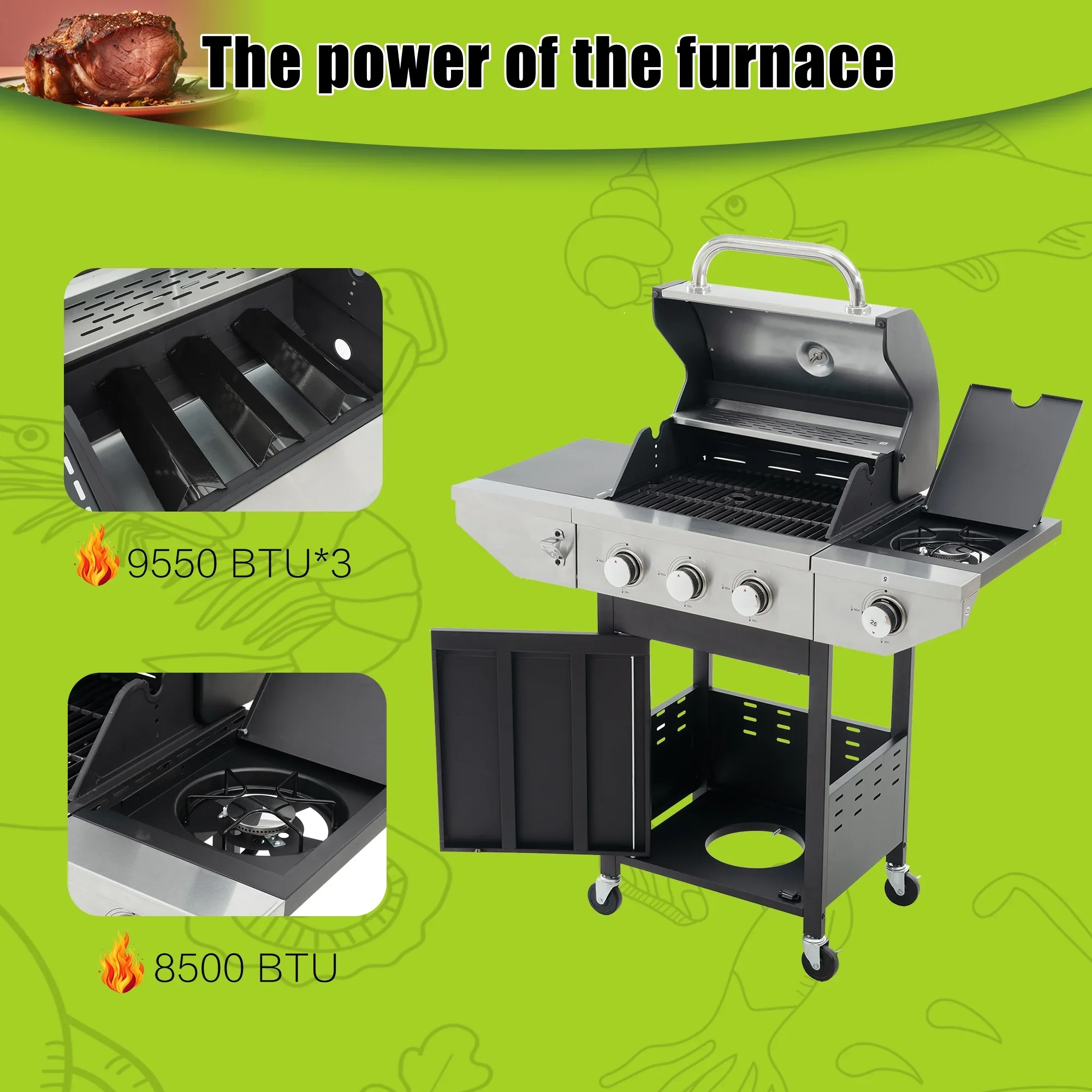 Furnibear 4 Burner BBQ Propane Gas Grill, Stainless Steel 34,000 BTU Patio Garden Barbecue Grill with Two Foldable Shelves