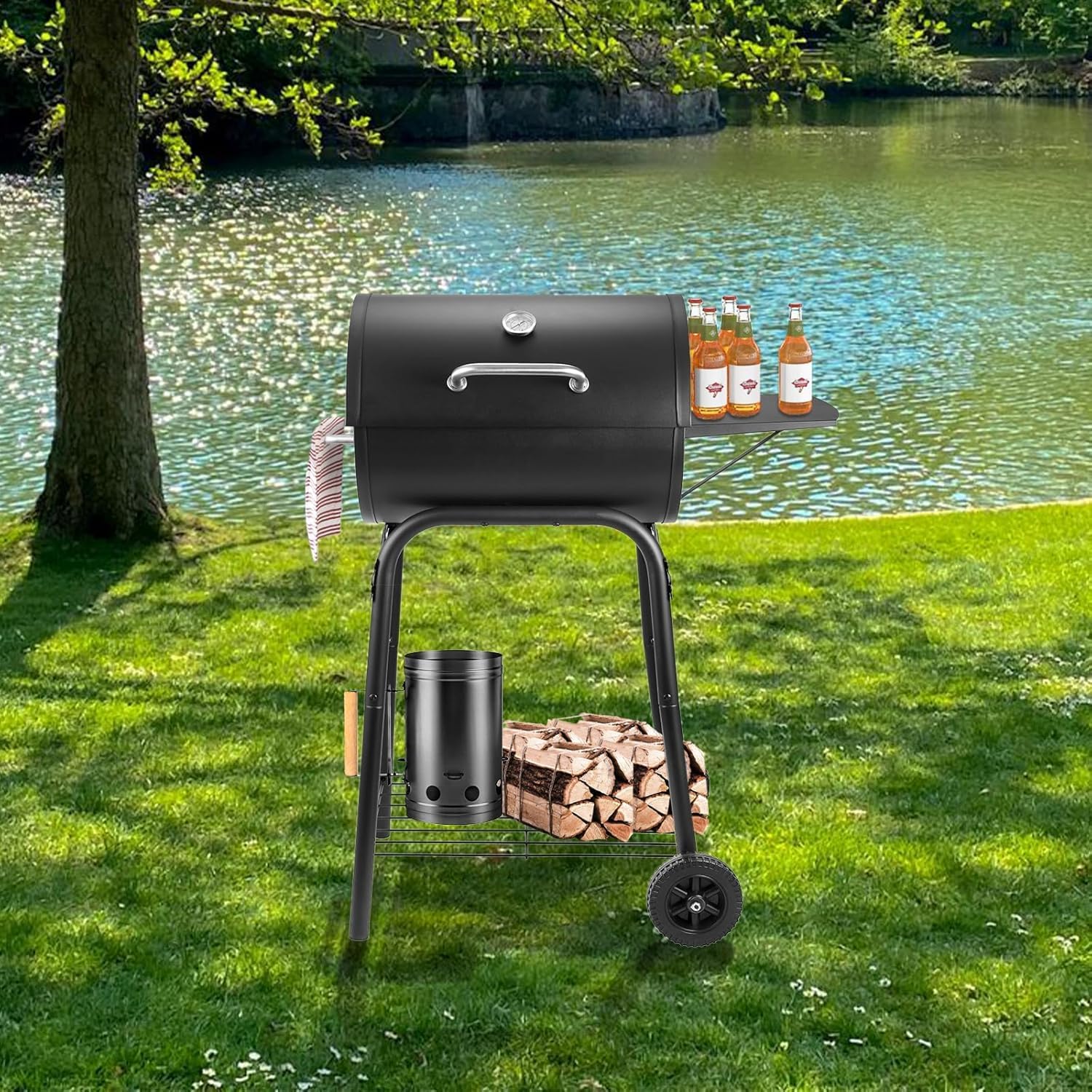Kendane Barrel Charcoal Grill, Large Charcoal Grills with Side Shelf