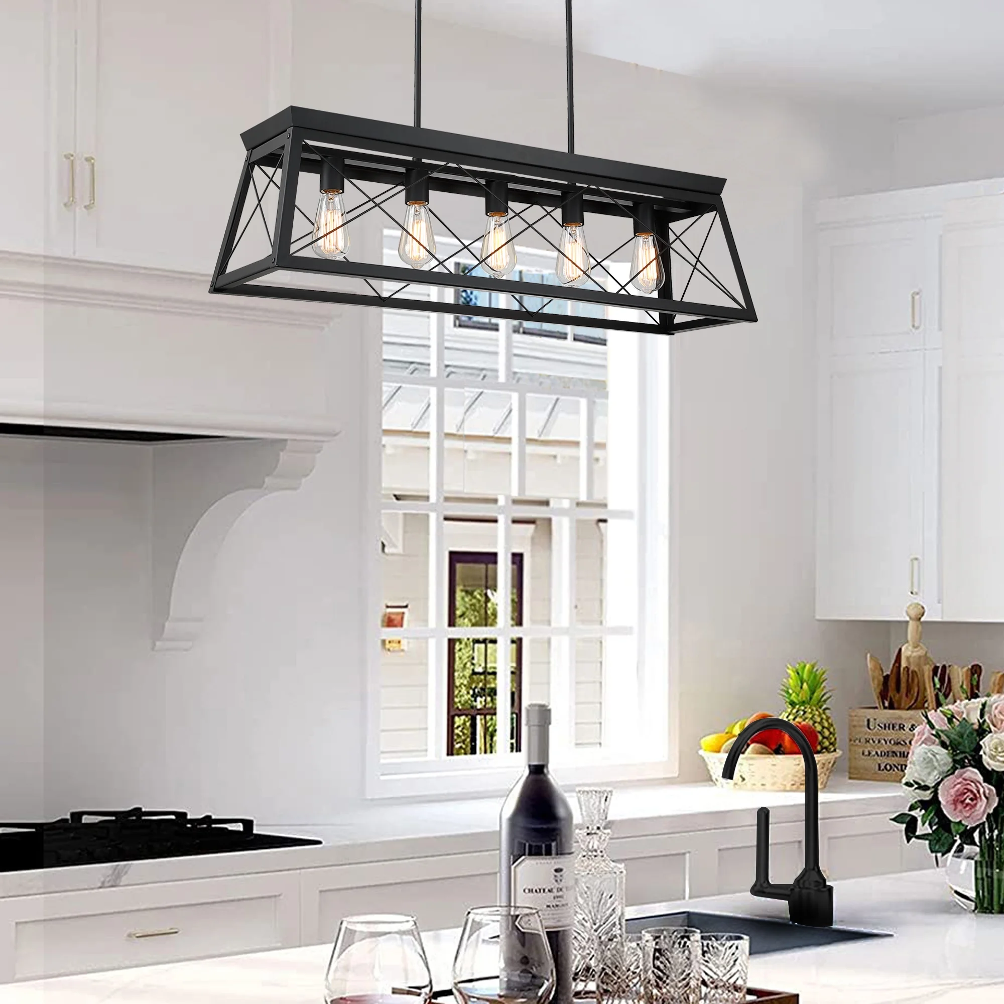 5-Light Farmhouse Matte Black Chandelier Industrial Pendant Lighting for Kitchen Island for Dining Room, Living Room