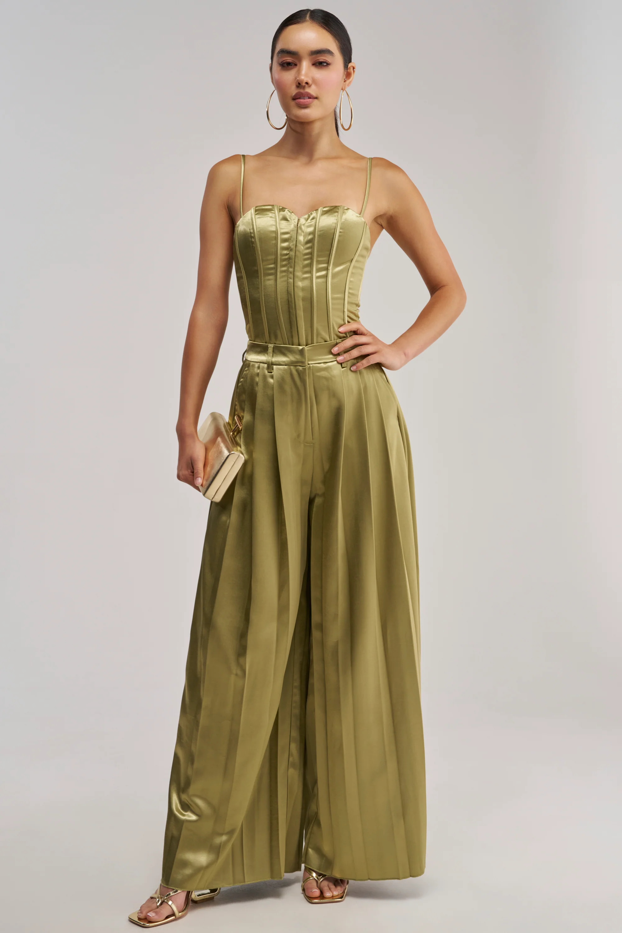 IRIS SATIN PLEATED PANT IN OLIVE - Akira Store