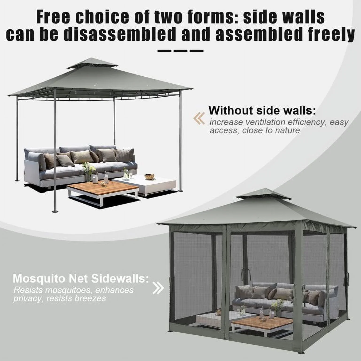 SANOPY 10' x 10' Gazebos for Patios, Gazebo Canopy with 4 Mosquito Netting, Rainproof & Sunscreen Shelter Tent with Double Eaves for Garden Backyard and Deck