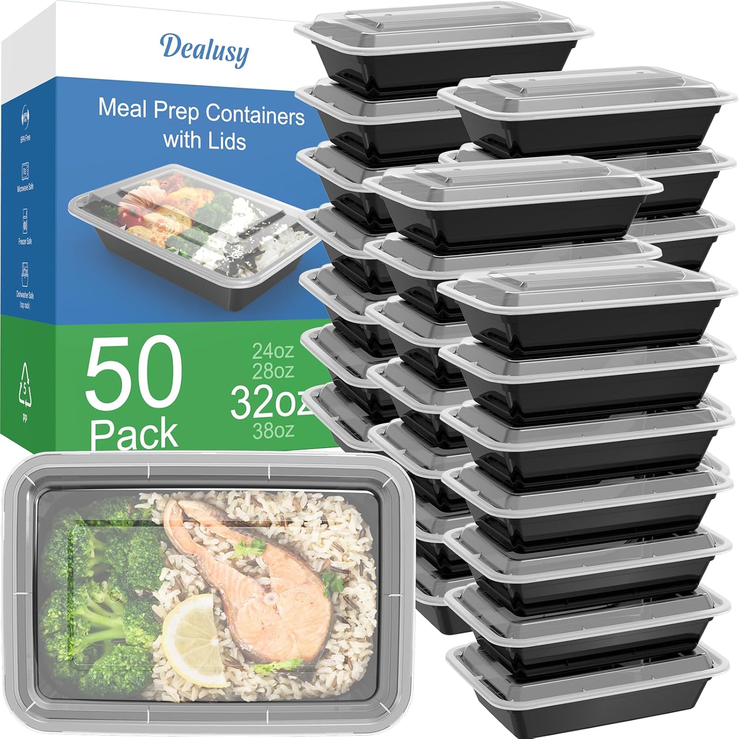 Dealusy 50 Pack (100-Piece) 24 oz Reusable Meal Prep Containers with Lids