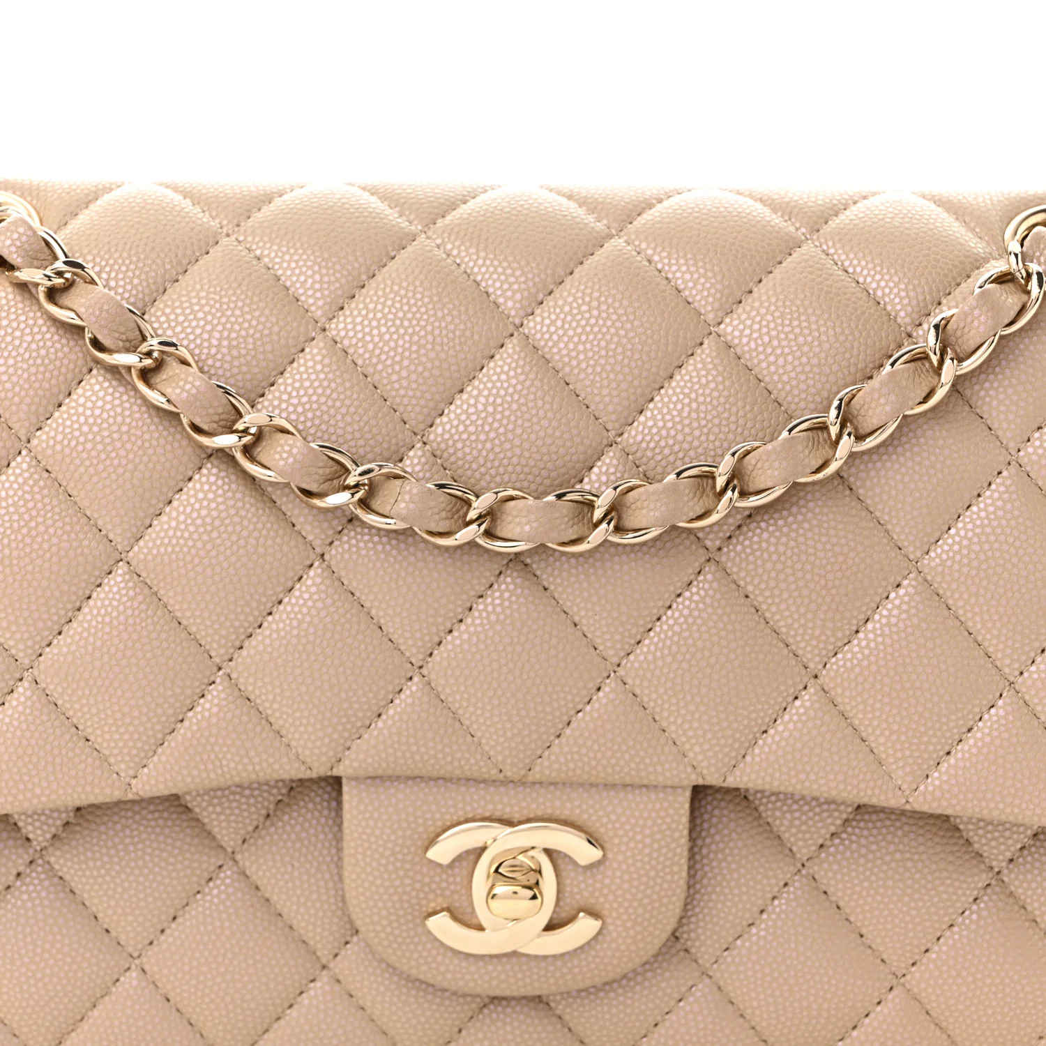 Iridescent Caviar Quilted Medium Double Flap Dark Beige