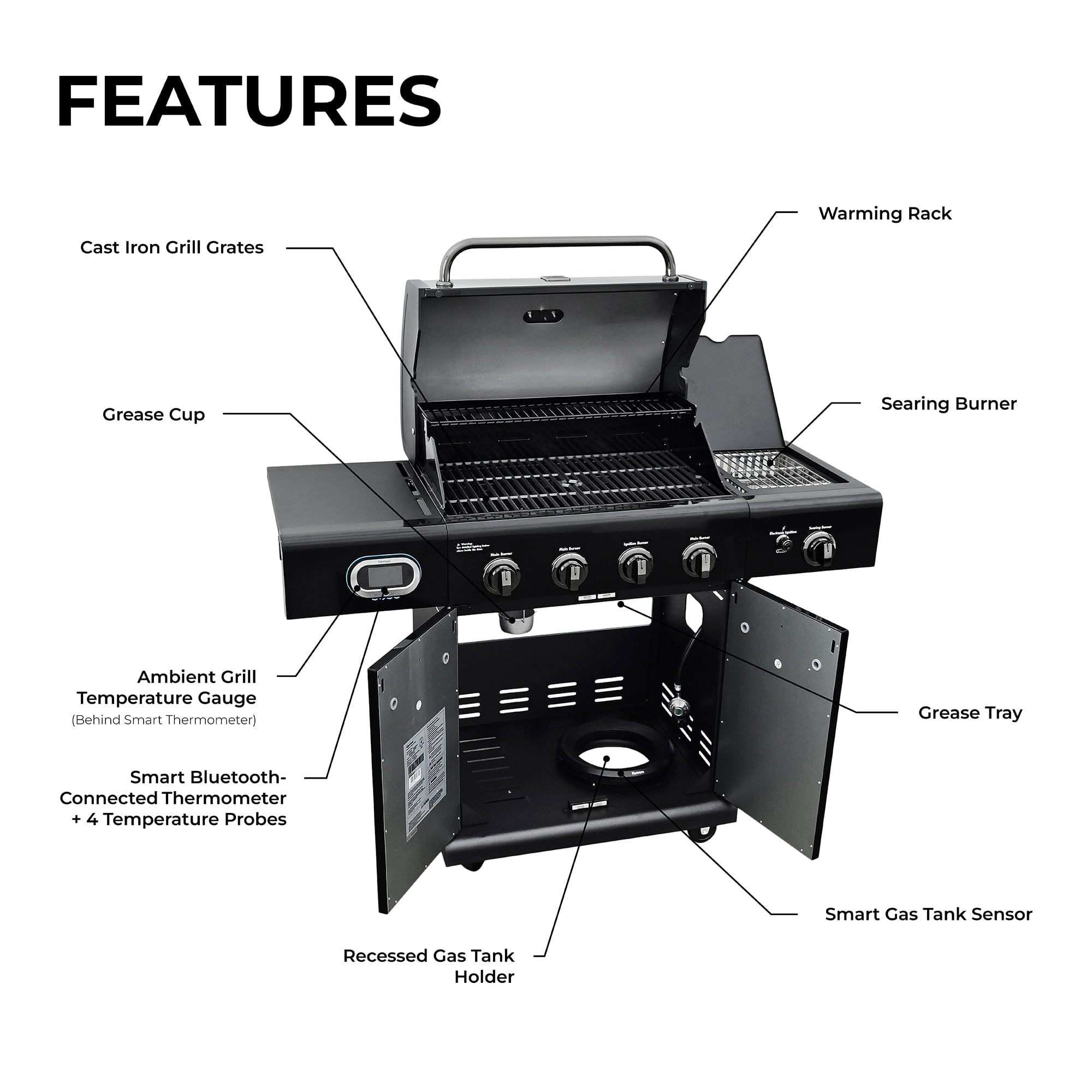 4-Burner Smart Gas Grill with Side Searing Burner. Black with Chrome Accents