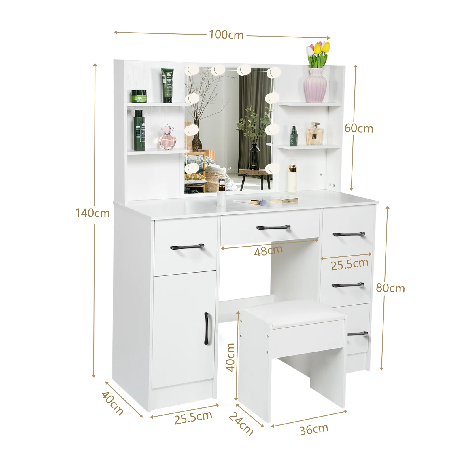 Makeup Vanity with 3 Color Lights, Vanity Desk with Sliding Mirror, Vanity Set Makeup Table, Storage Drawers and Shelves, White - Image 9