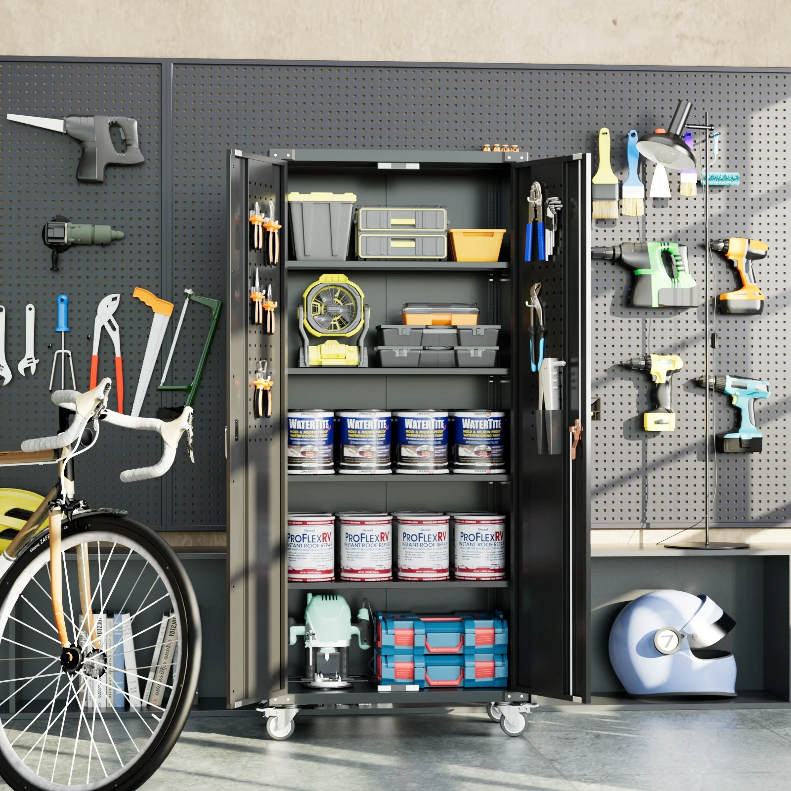 Metal Rolling Storage Cabinet, 72 inch Steel Lockable Cabinet with Multipurpose Pegboard and Adjustable Shelves, Tall Tool Cabinet for Office, Home, Storage, Assembly Required(Black)(72'' Black Cabinet with Pegboard) - Image 4